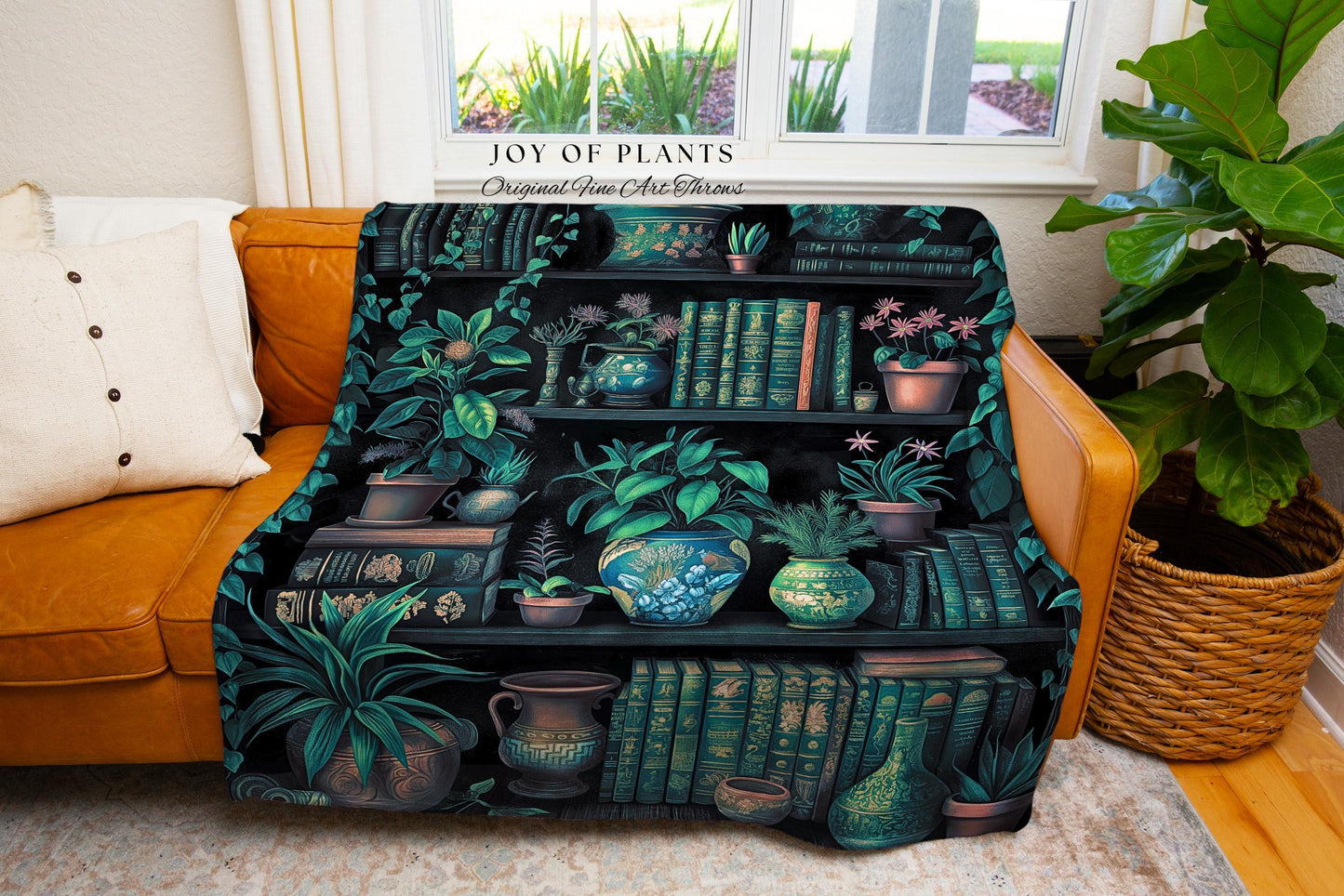 Moody Botanical Bookshelf Blanket | Witchy Reading Blanket Dark Cottagecore Woven Tapestry Wall Hanging Haunted Library Aesthetic Gothic