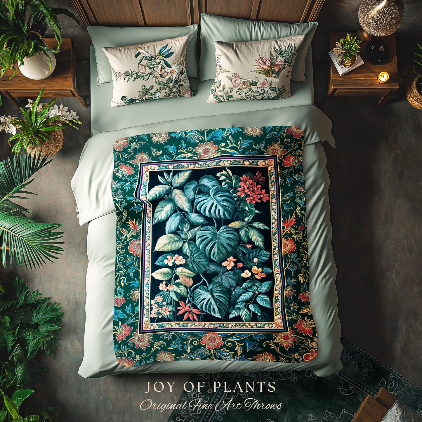 Elegant Botanicals Dark Forestcore Blanket | Woodland Fairycore Tapestry Woven Wall Art Dark Cottagecore Vintage Style Moody Bedroom Teal |