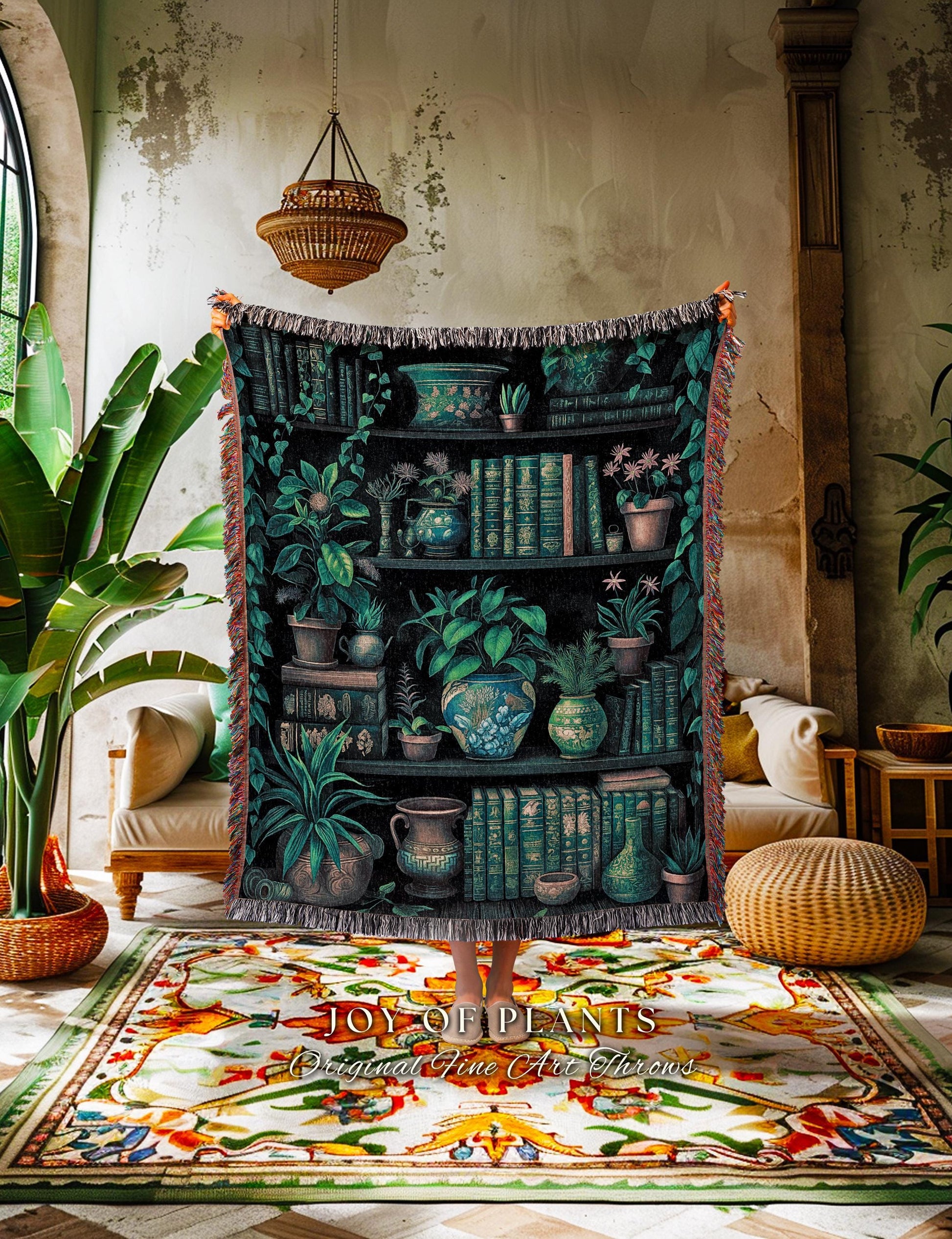Moody Botanical Bookshelf Blanket | Witchy Reading Blanket Dark Cottagecore Woven Tapestry Wall Hanging Haunted Library Aesthetic Gothic