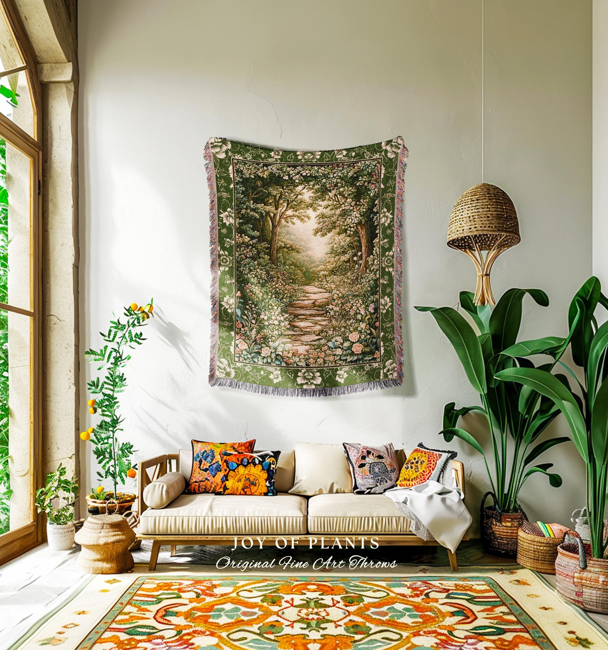 Mystic Garden Fairytale Landscape Tapestry Throw | Fairycore Woodland Nature Lover Book Nook Blanket Cozy Earthy Home Decor Whimsical Floral