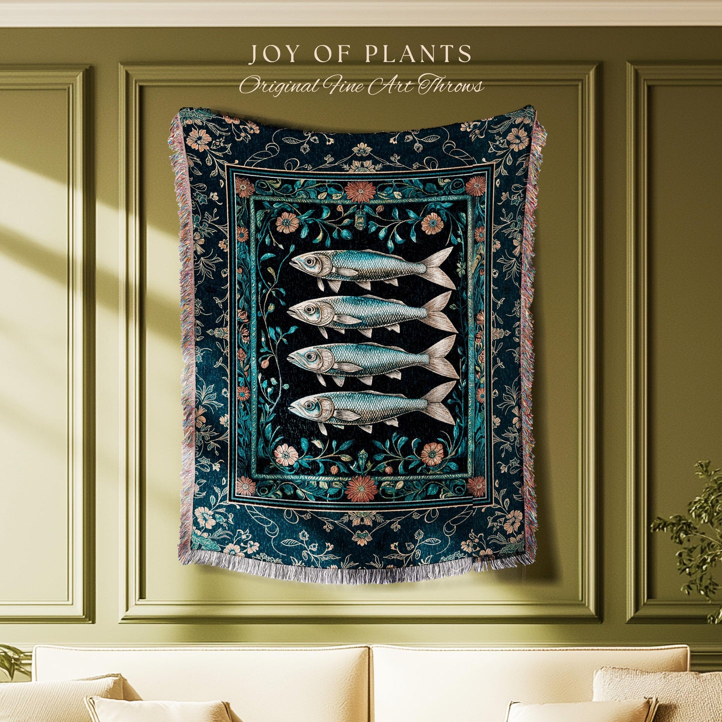 Modern Lake House Cozy Throw Blanket | Indie Coastal Themed Woven Throw Blanket Ocean Eclectic Sea Life Tapestry Sardine Wall Art Rustic |