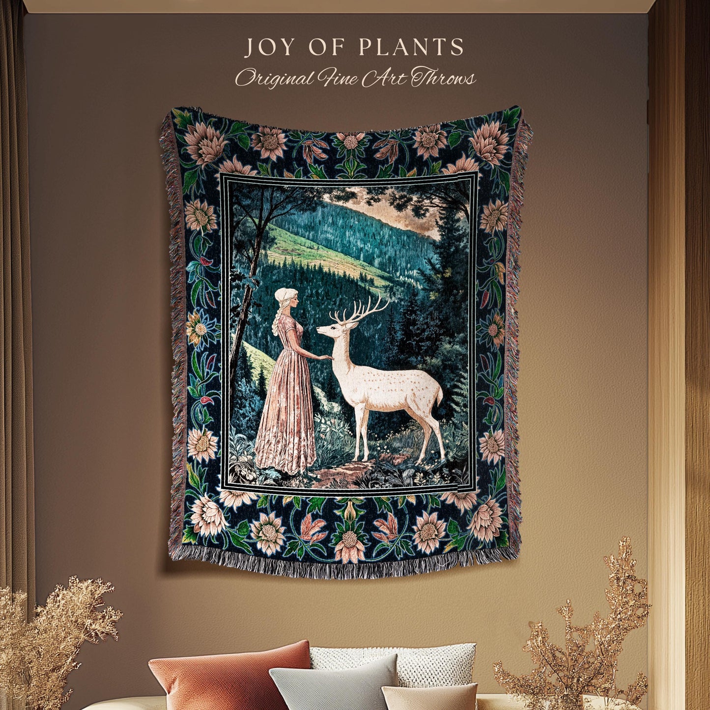 Victorian Floral Fantasy Throw Blanket | Ornate Botanical Landscape Woven Tapestry Maximalist Folklore Wall Art Whimsical Elven Princess |