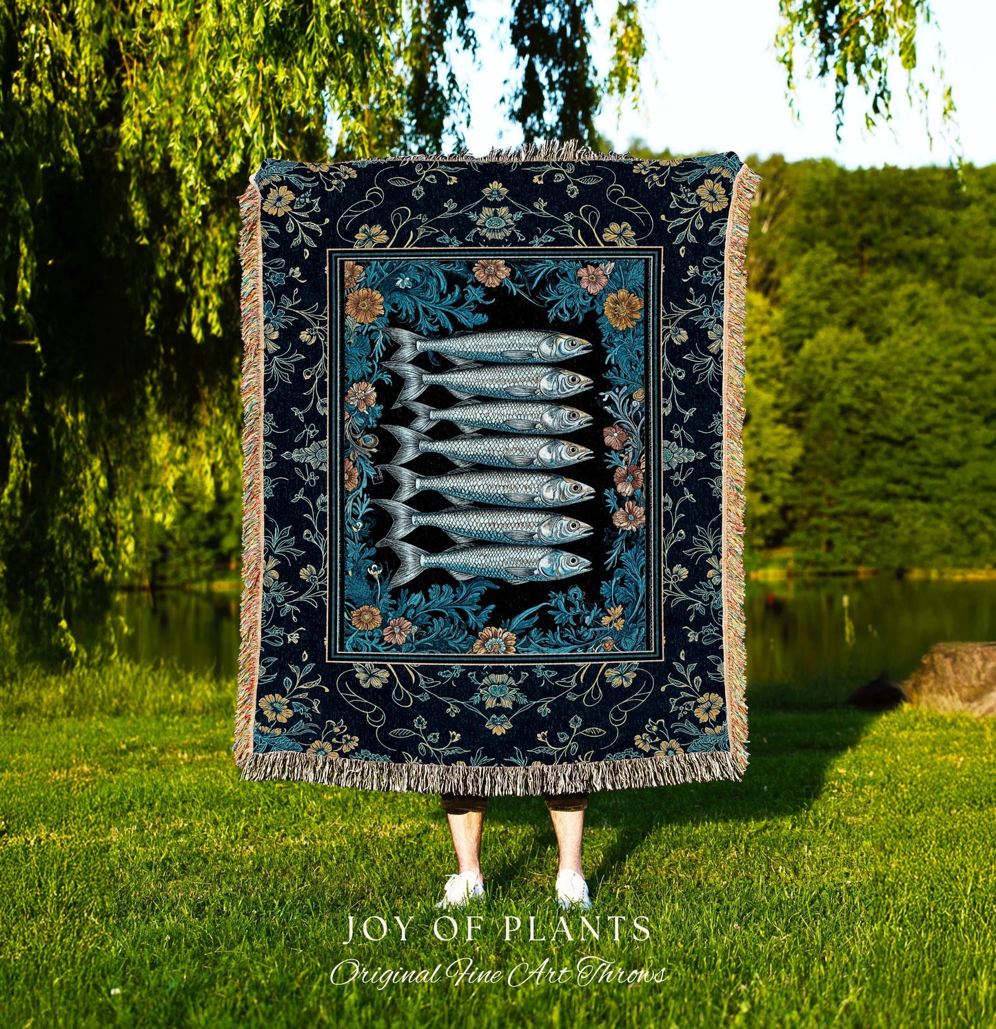 Trendy Coastal Aesthetic Woven Throw Blanket | Eclectic Maximalist Modern Sea Life Tapestry Indie Sardine Wall Art Rustic Nautical Decor |