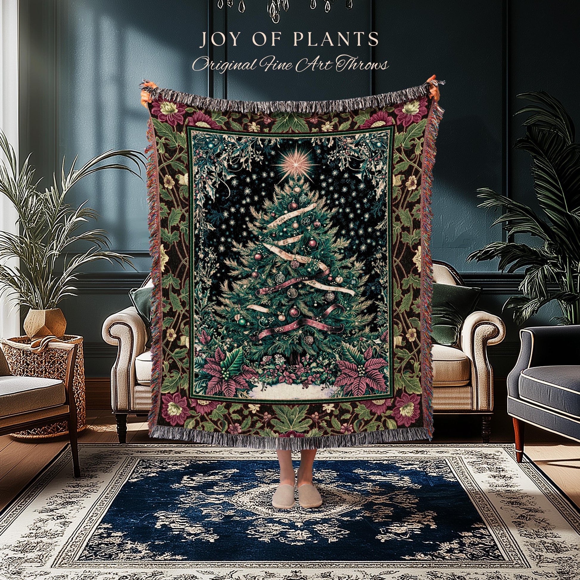 Nostalgic Christmas Tree Woven Blanket | Classic Aesthetic Holiday Tapestry Cozy Starry Night Throw Vintage Winter Decor Cottagecore Style |