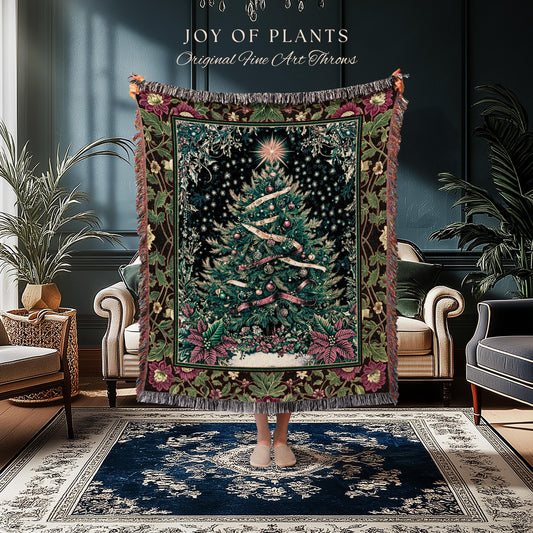 Nostalgic Christmas Tree Woven Blanket | Classic Aesthetic Holiday Tapestry Cozy Starry Night Throw Vintage Winter Decor Cottagecore Style |