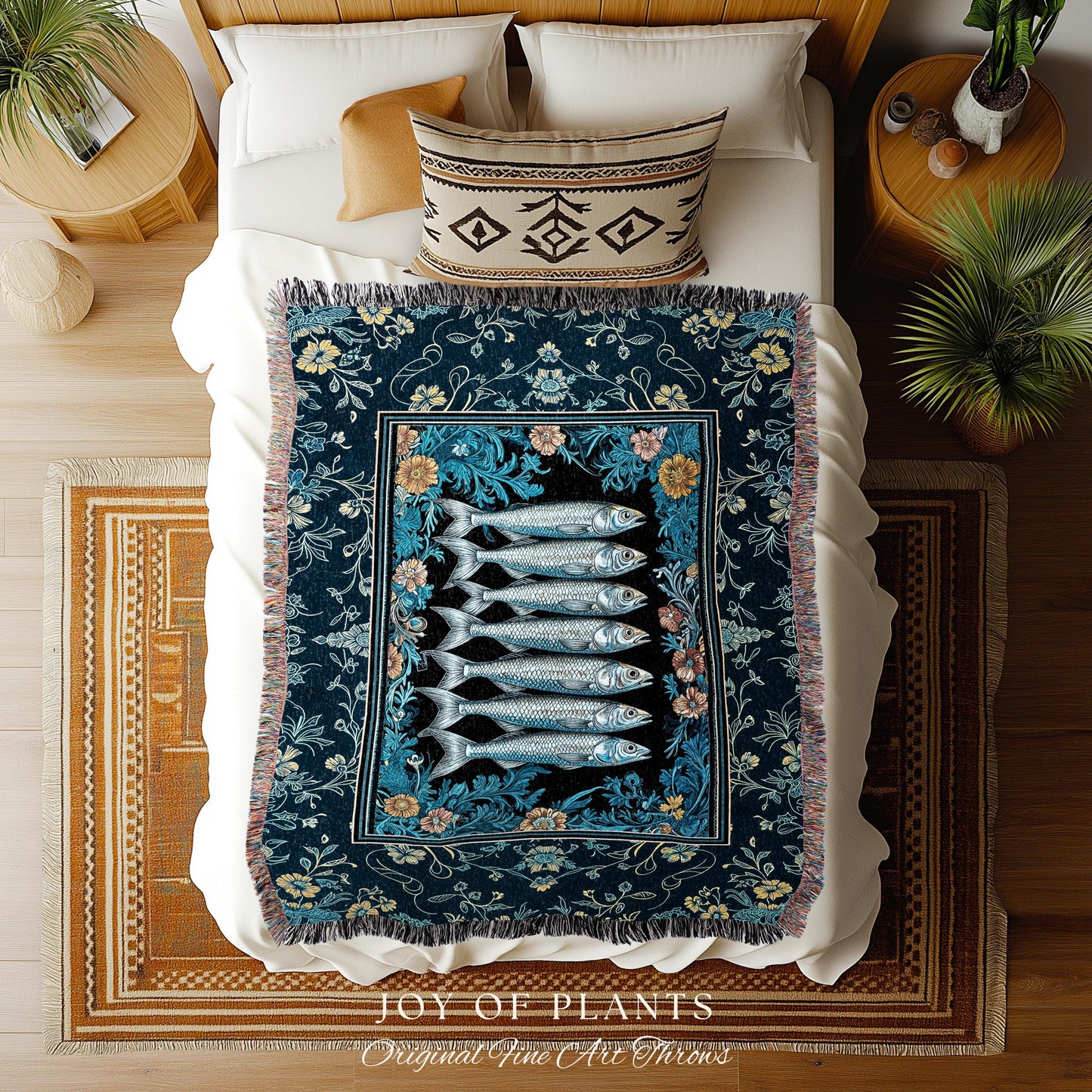 Trendy Coastal Aesthetic Woven Throw Blanket | Eclectic Maximalist Modern Sea Life Tapestry Indie Sardine Wall Art Rustic Nautical Decor |