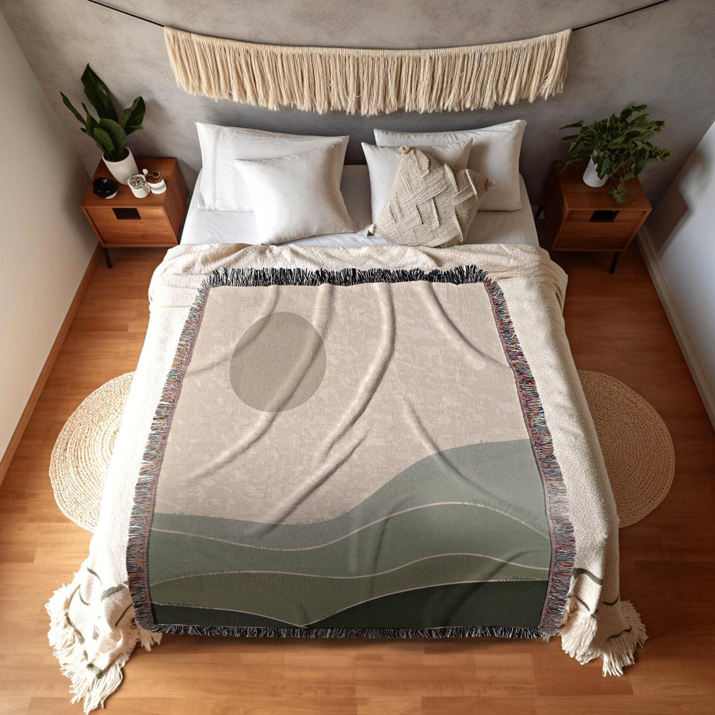 Sage Green Throw Blanket Boho Throw Blanket Woven Abstract Landscape Tapestry | Boho Decor Bedroom Throws Abstract Woven Blanket Boho Decor