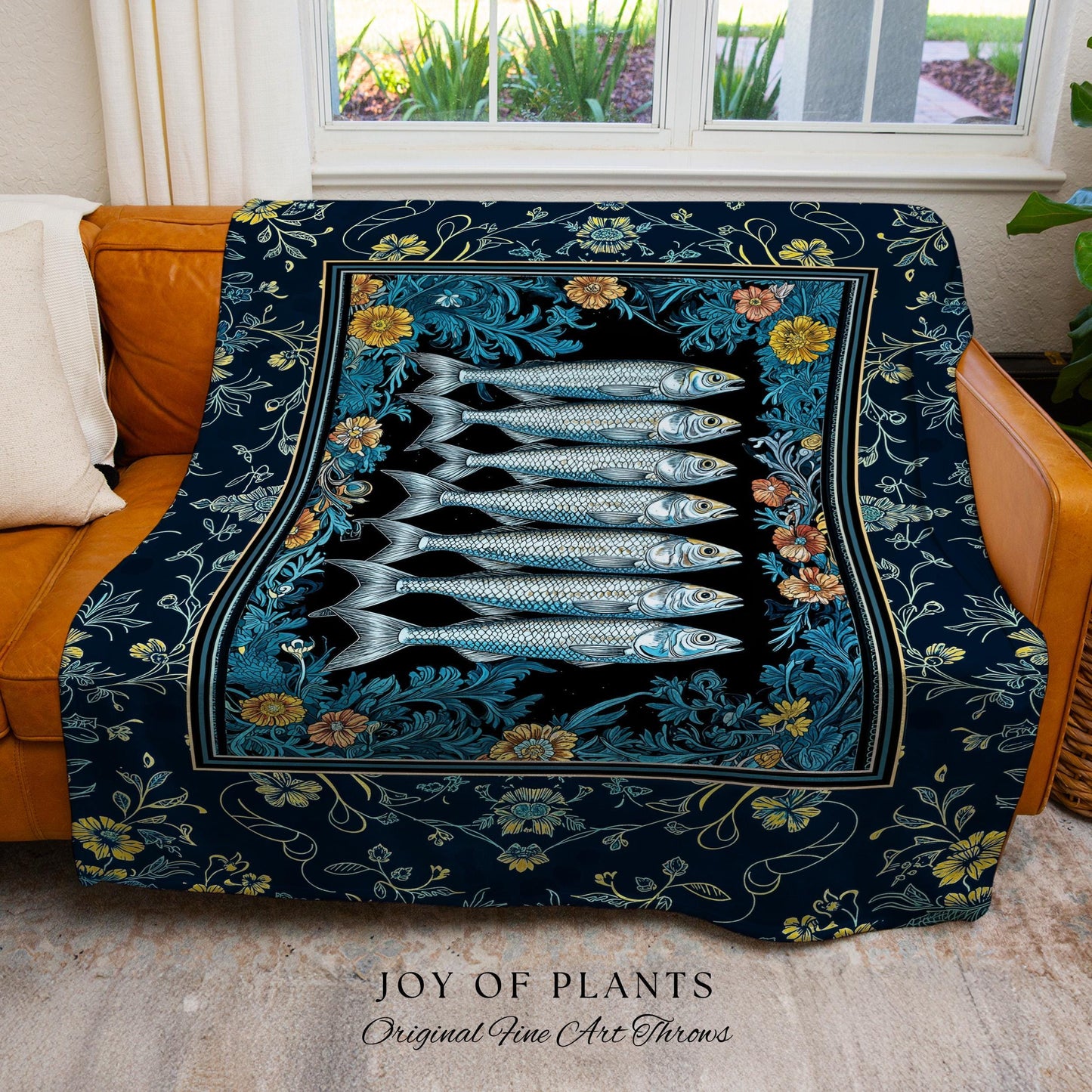 Trendy Coastal Aesthetic Woven Throw Blanket | Eclectic Maximalist Modern Sea Life Tapestry Indie Sardine Wall Art Rustic Nautical Decor |