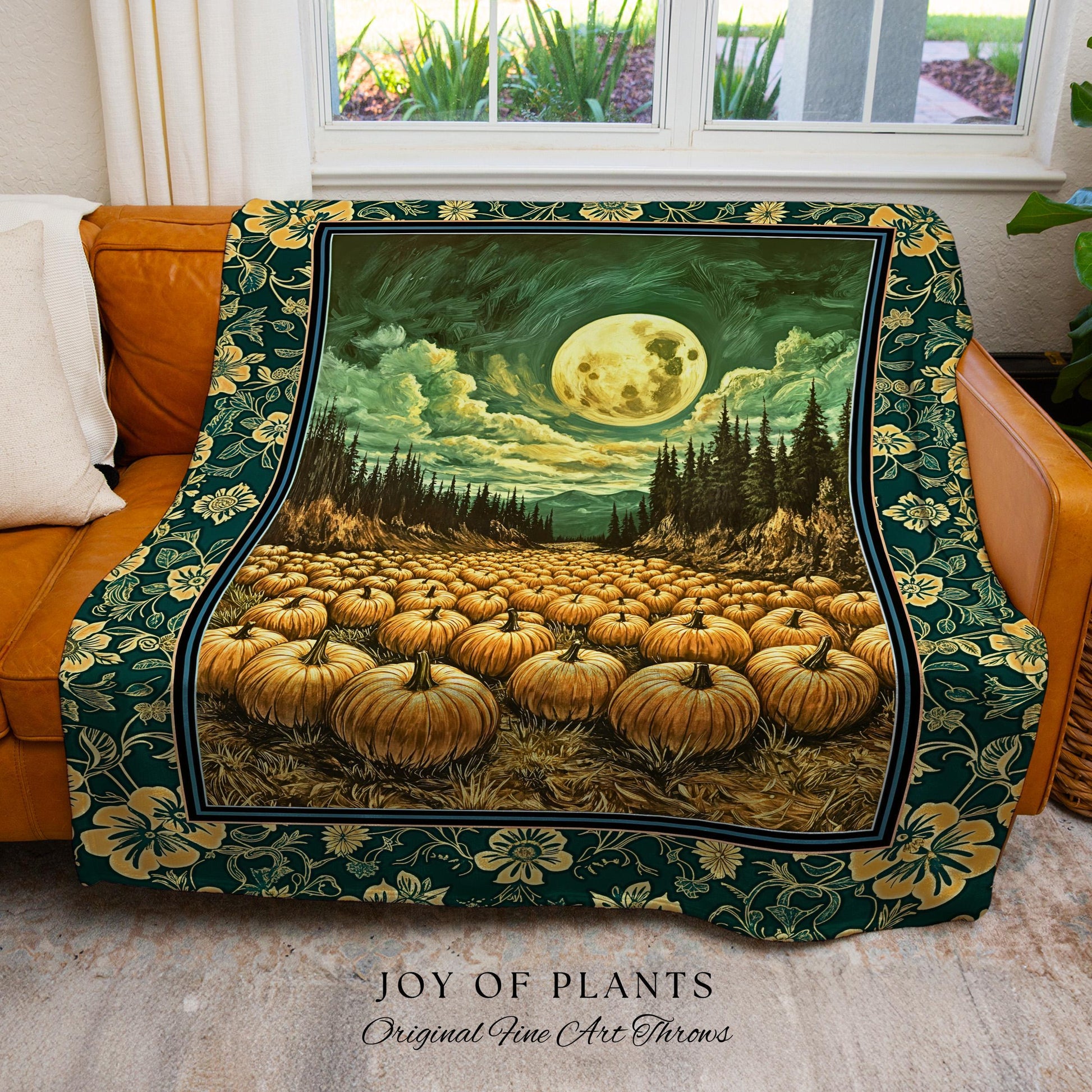 Rustic Full Moon Fall Throw Blanket | Whimsigoth Forest Autumn Vibes Cozy Pumpkin Decor Gothic Academia Aesthetic Halloween Tapestry Accent