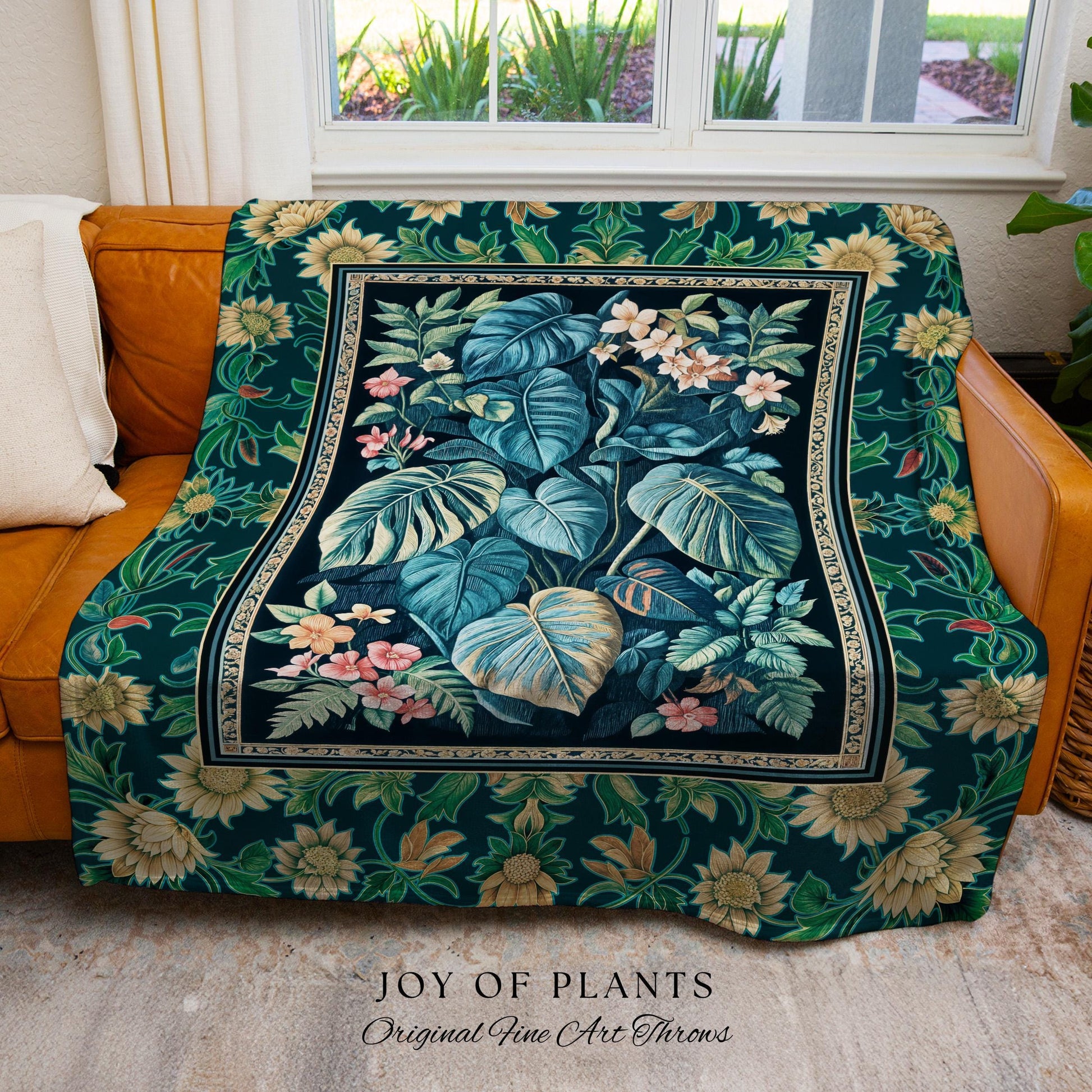 Ethereal Botanicals Woven Coverlet Blanket | Houseplant Bedroom Monstera Maximalist Leaf Bedding Dark Academia Aesthetic Woven Tapestry |