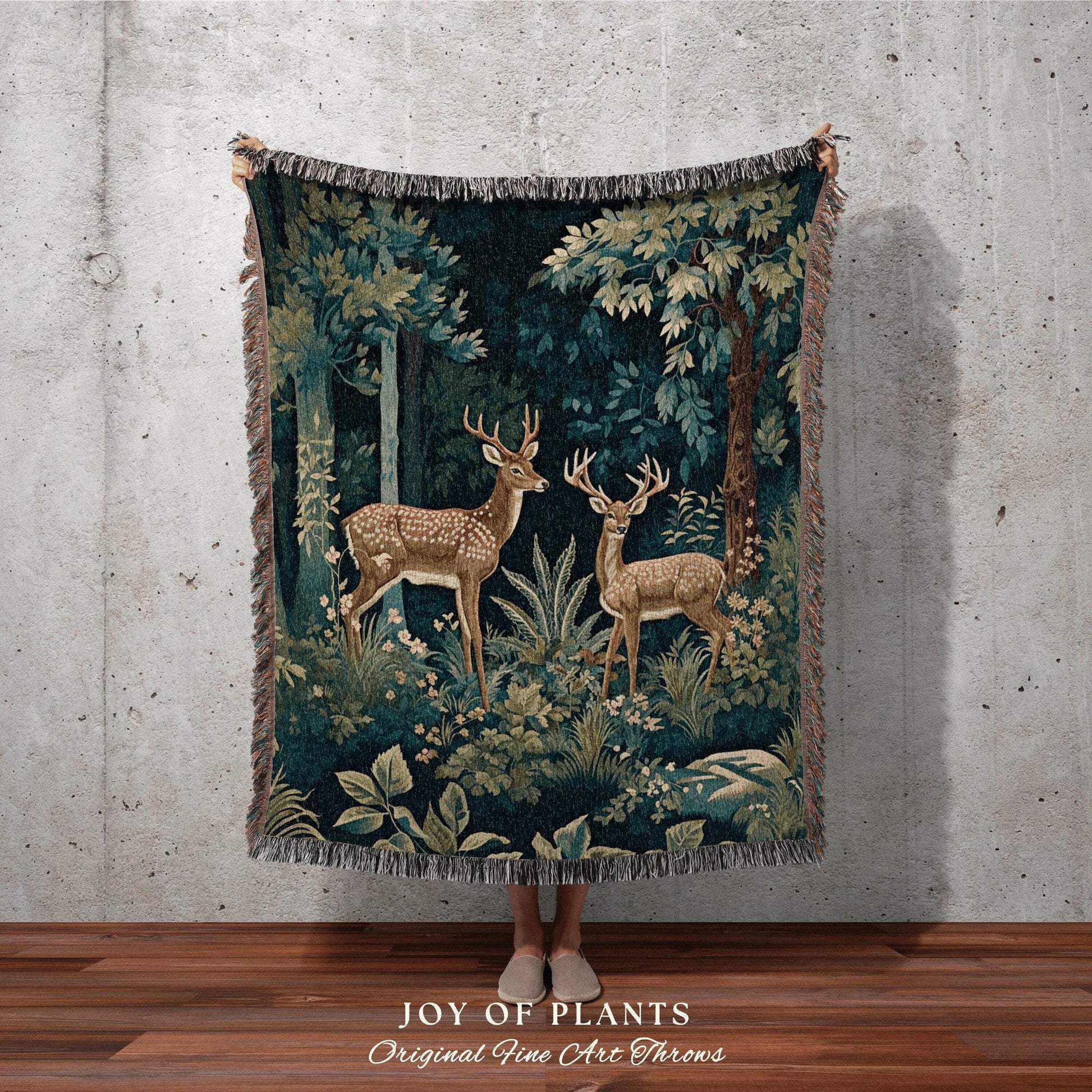 Nature Blanket Vintage Throw | William Morris inspired Throw Blanket Vintage Forestcore Woodland Aesthetic Decor Woven Throw Deer Botanical