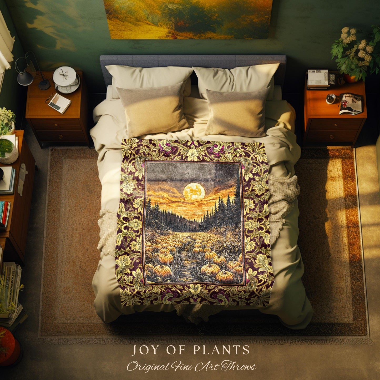 Autumn Night Sky Rustic Fall Throw | Cozy Spooky Pumpkin Vibes Midnight Landscape Decor Whimsigoth Aesthetics Dark Academia Woven Tapestry