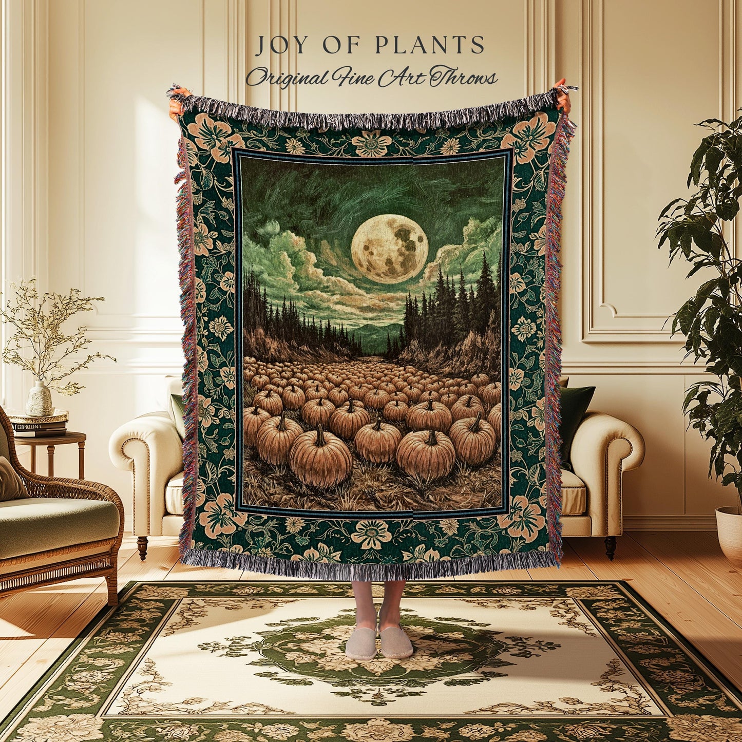 Rustic Full Moon Fall Throw Blanket | Whimsigoth Forest Autumn Vibes Cozy Pumpkin Decor Gothic Academia Aesthetic Halloween Tapestry Accent