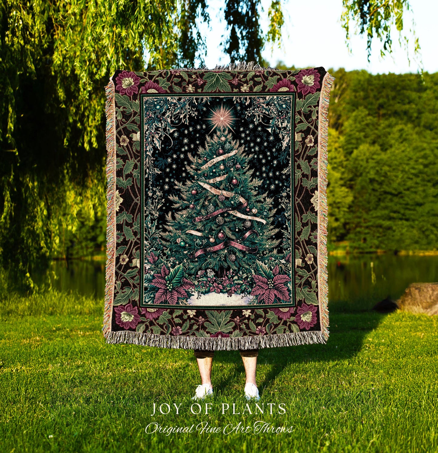 Nostalgic Christmas Tree Woven Blanket | Classic Aesthetic Holiday Tapestry Cozy Starry Night Throw Vintage Winter Decor Cottagecore Style |