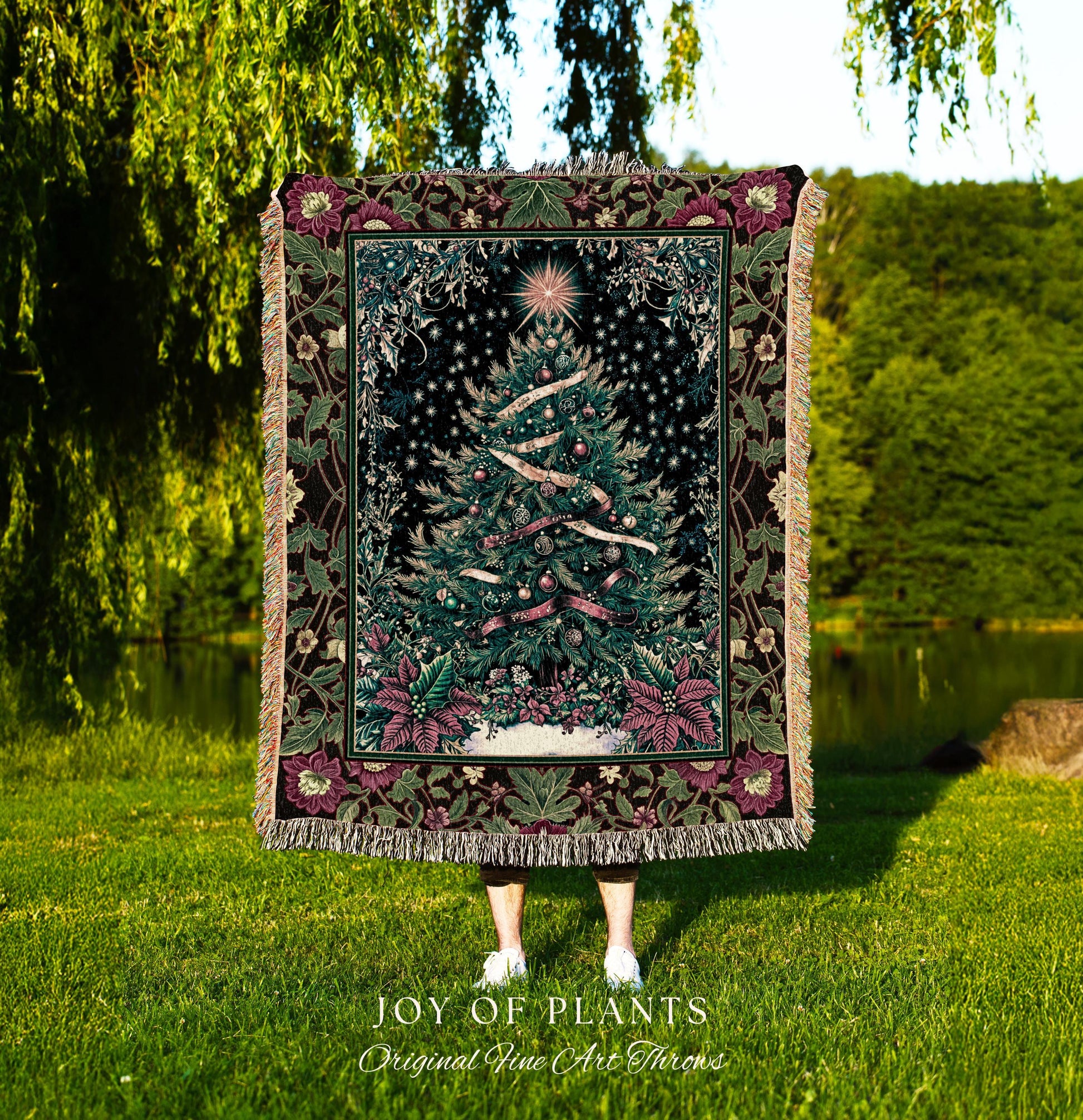 Nostalgic Christmas Tree Woven Blanket | Classic Aesthetic Holiday Tapestry Cozy Starry Night Throw Vintage Winter Decor Cottagecore Style |