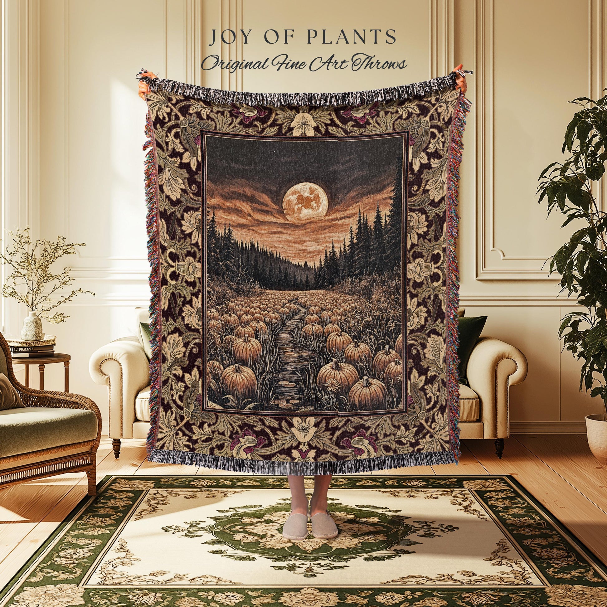 Autumn Night Sky Rustic Fall Throw | Cozy Spooky Pumpkin Vibes Midnight Landscape Decor Whimsigoth Aesthetics Dark Academia Woven Tapestry