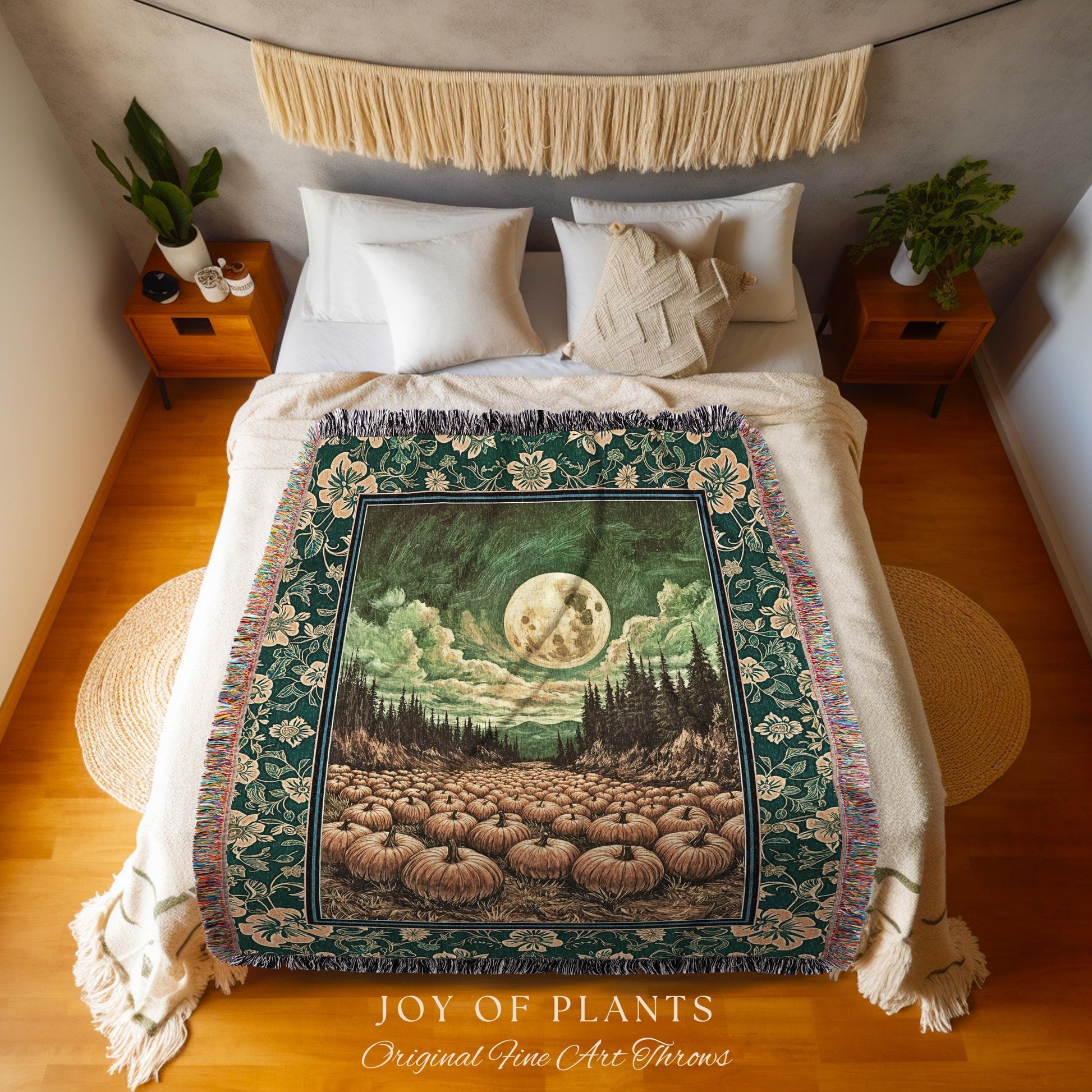 Rustic Full Moon Fall Throw Blanket | Whimsigoth Forest Autumn Vibes Cozy Pumpkin Decor Gothic Academia Aesthetic Halloween Tapestry Accent