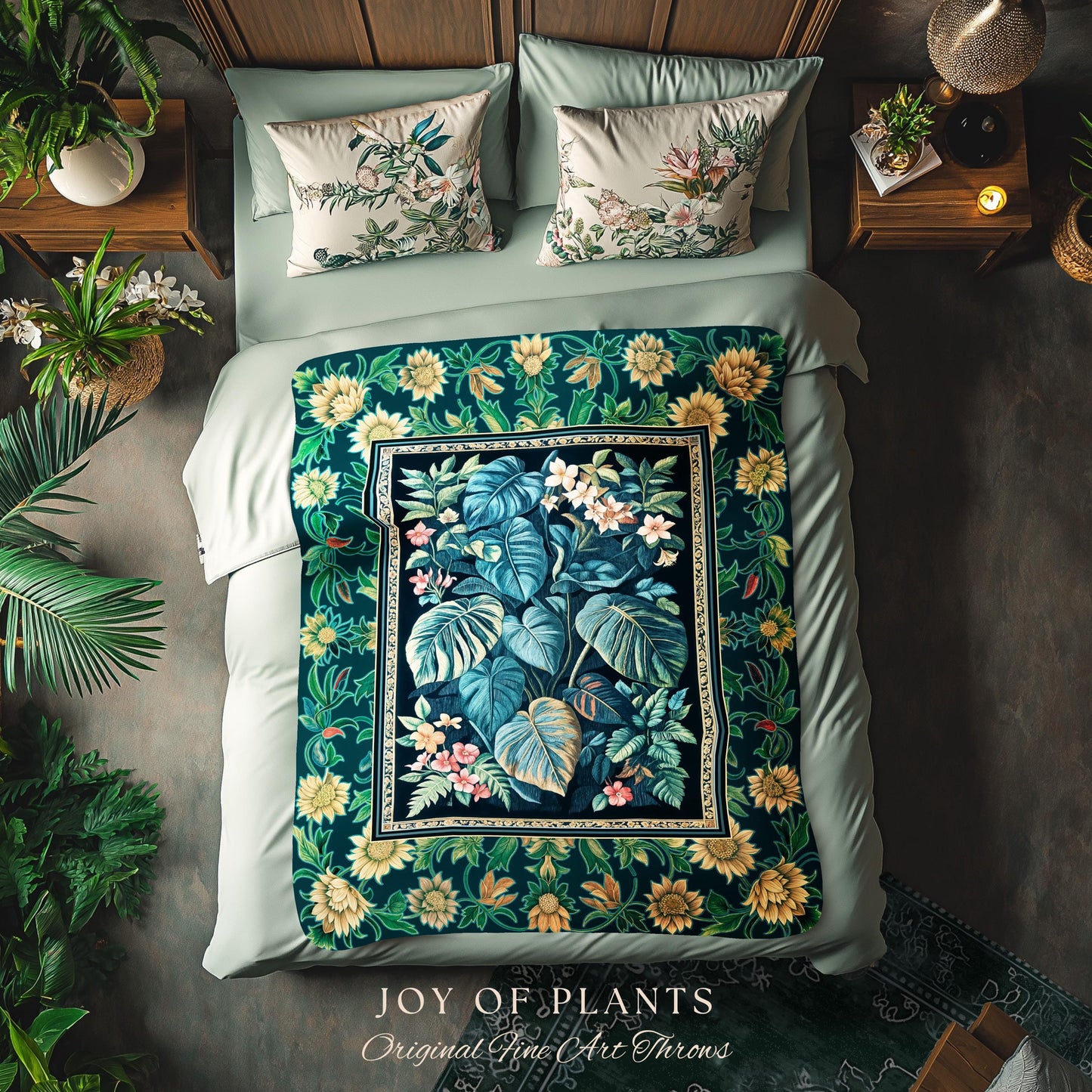 Ethereal Botanicals Woven Coverlet Blanket | Houseplant Bedroom Monstera Maximalist Leaf Bedding Dark Academia Aesthetic Woven Tapestry |