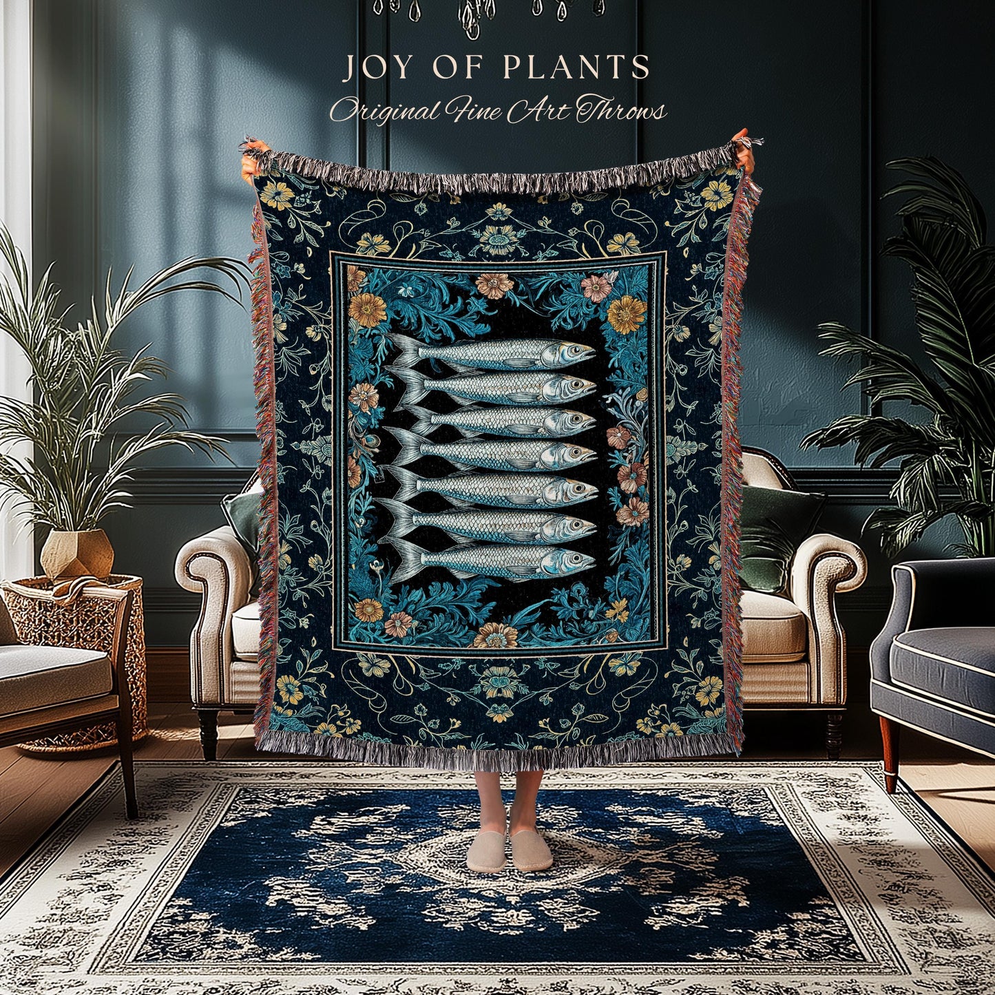 Trendy Coastal Aesthetic Woven Throw Blanket | Eclectic Maximalist Modern Sea Life Tapestry Indie Sardine Wall Art Rustic Nautical Decor |