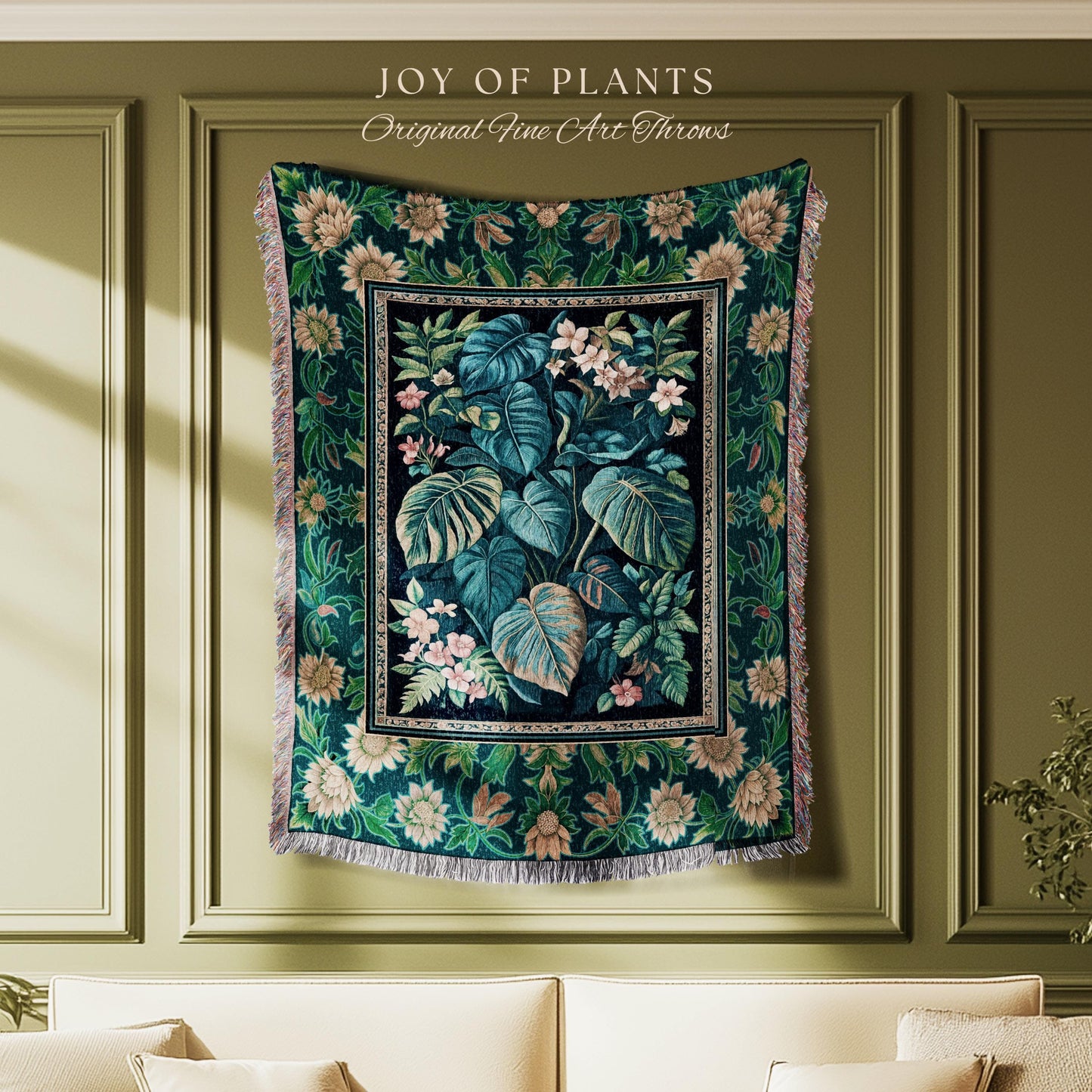 Ethereal Botanicals Woven Coverlet Blanket | Houseplant Bedroom Monstera Maximalist Leaf Bedding Dark Academia Aesthetic Woven Tapestry |