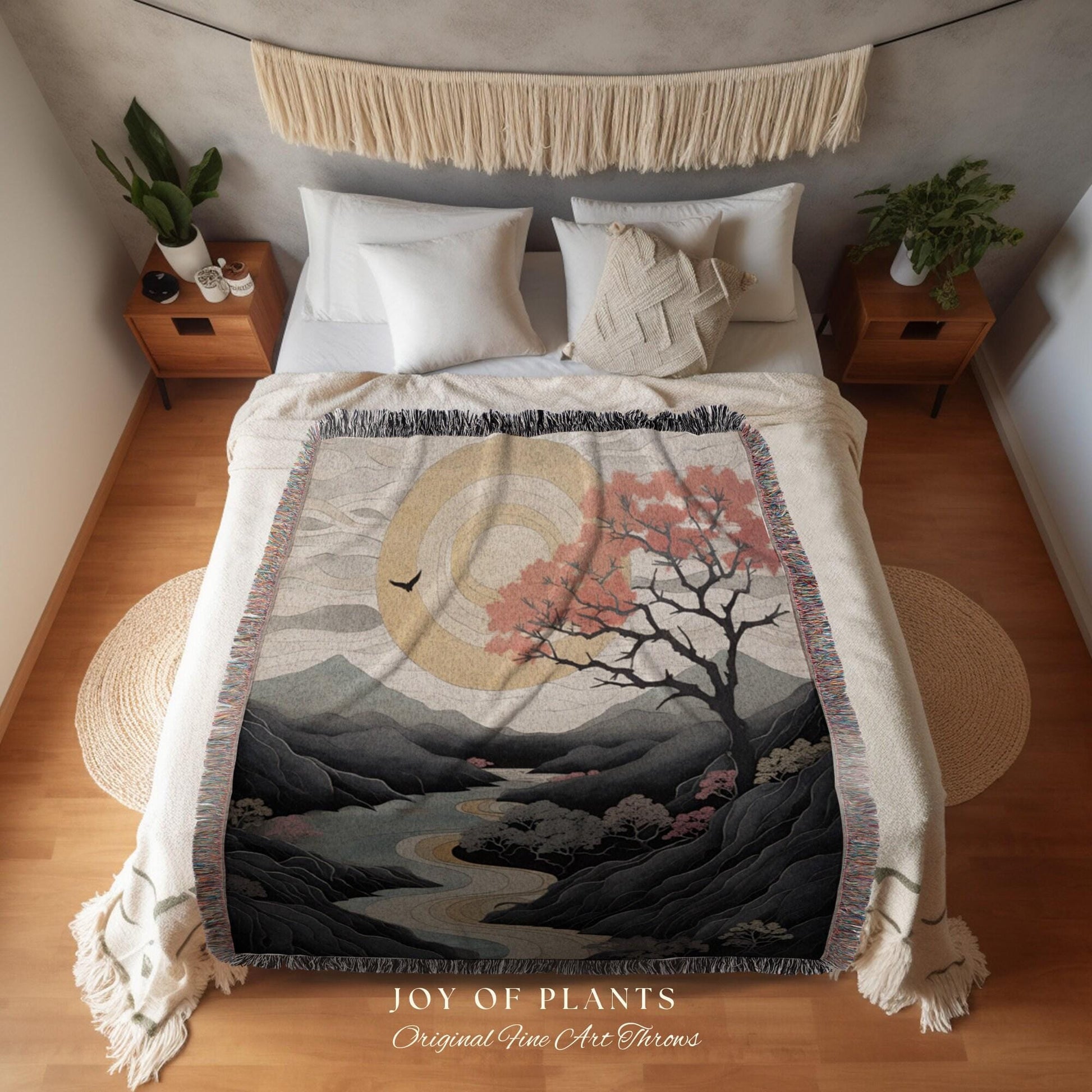 Japanese Landscape Mountain Sun Tapestry Woven Throw Blanket | Tree Tapestry Art Woven Blanket with Nature Japanese Aesthetic Artful Blanket