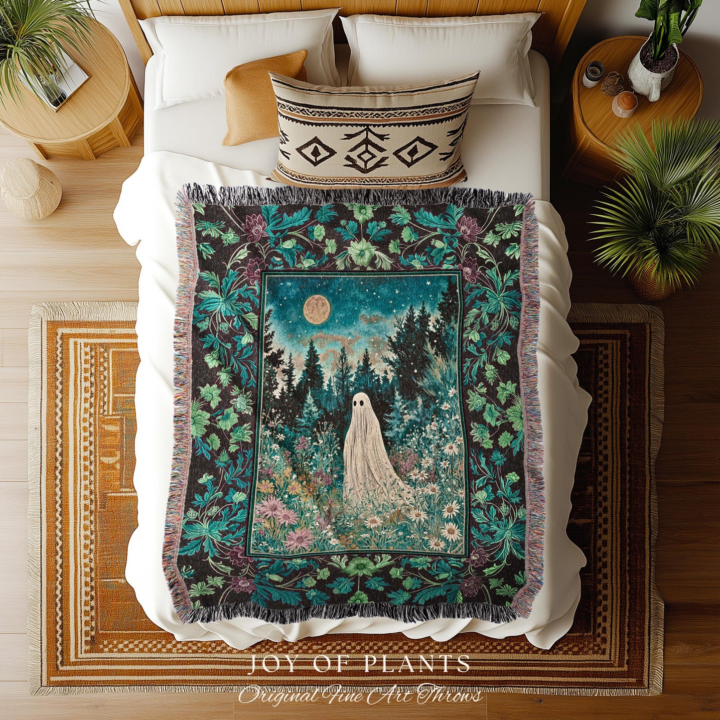 Ghostly Enchantment Wildflower Ghost Blanket | Harvest Moon Celestial Magic Gothic Tapestry Whimsical Cozy Home Decor Botanical Throw Witchy