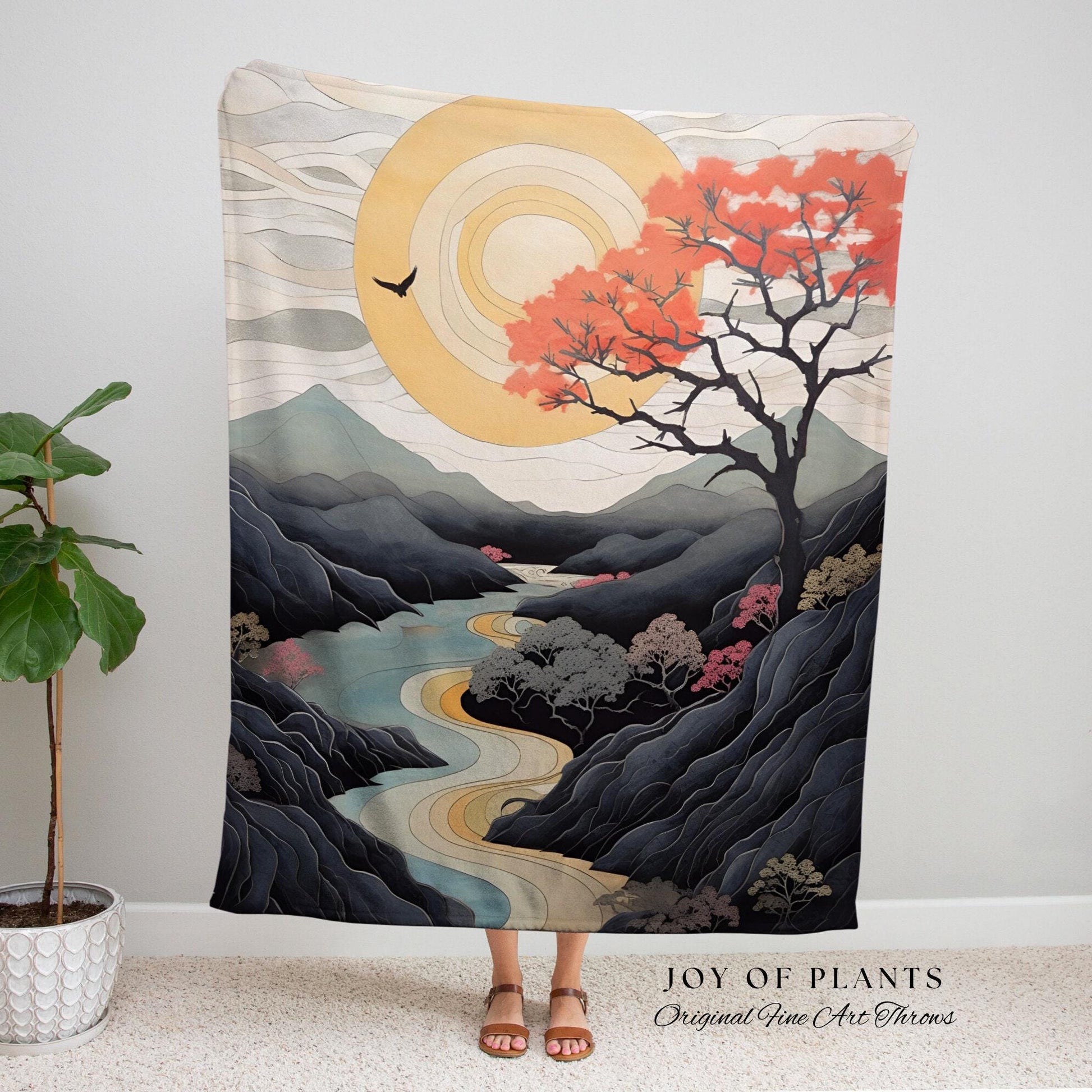 Japanese Landscape Mountain Sun Tapestry Woven Throw Blanket | Tree Tapestry Art Woven Blanket with Nature Japanese Aesthetic Artful Blanket