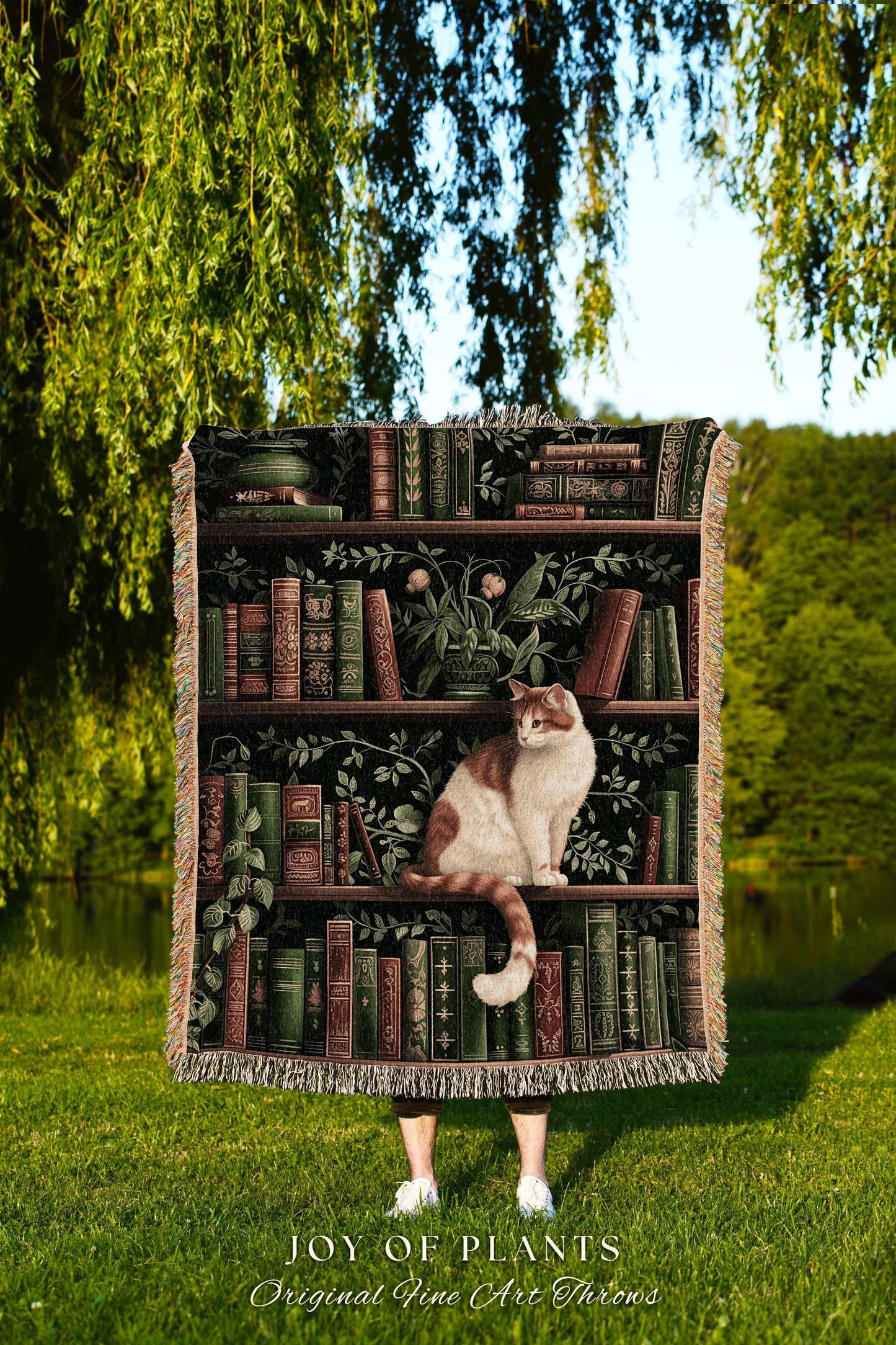 Victorian Gothic Cozy Cat Bookshelf Blanket | Fairycore Ethereal Bedroom Decor Reading Gift Dark Academia Woven Tapestry Wall Art Botanical