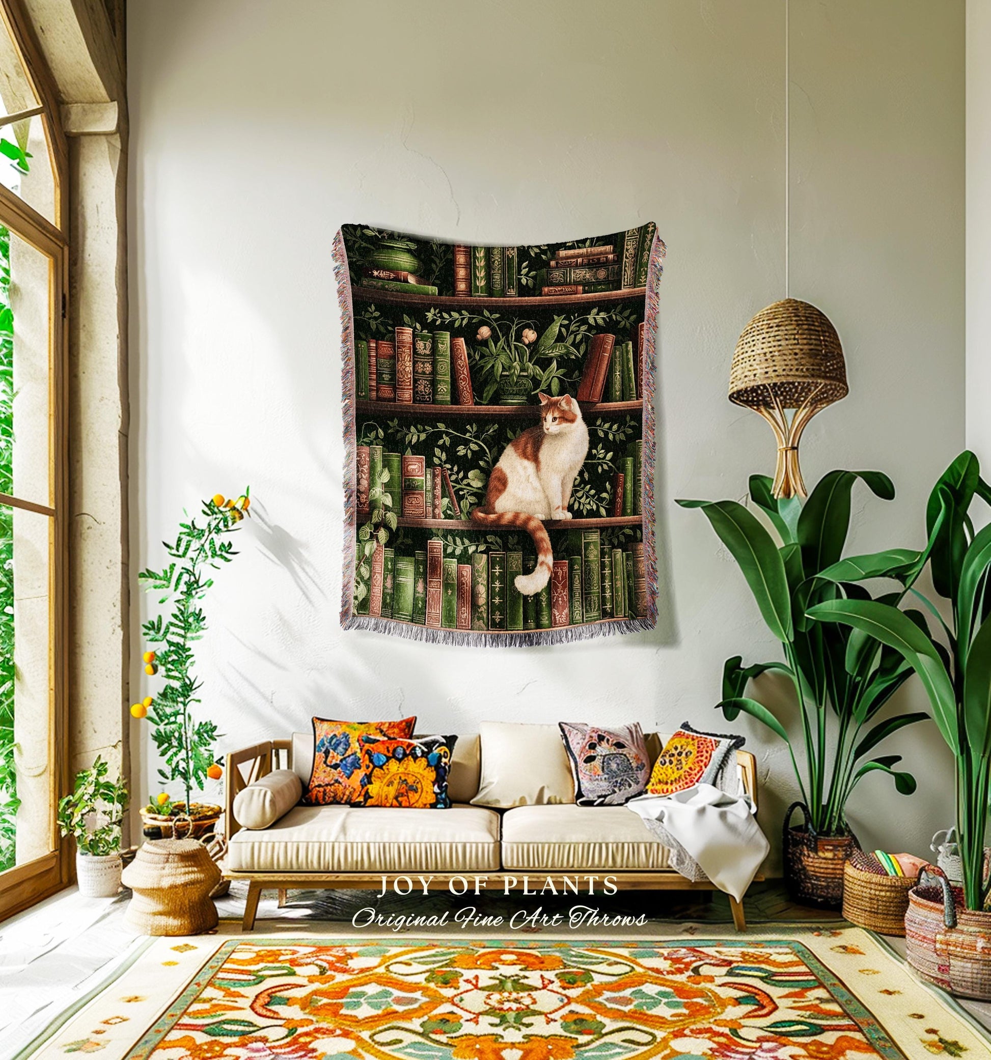 Victorian Gothic Cozy Cat Bookshelf Blanket | Fairycore Ethereal Bedroom Decor Reading Gift Dark Academia Woven Tapestry Wall Art Botanical