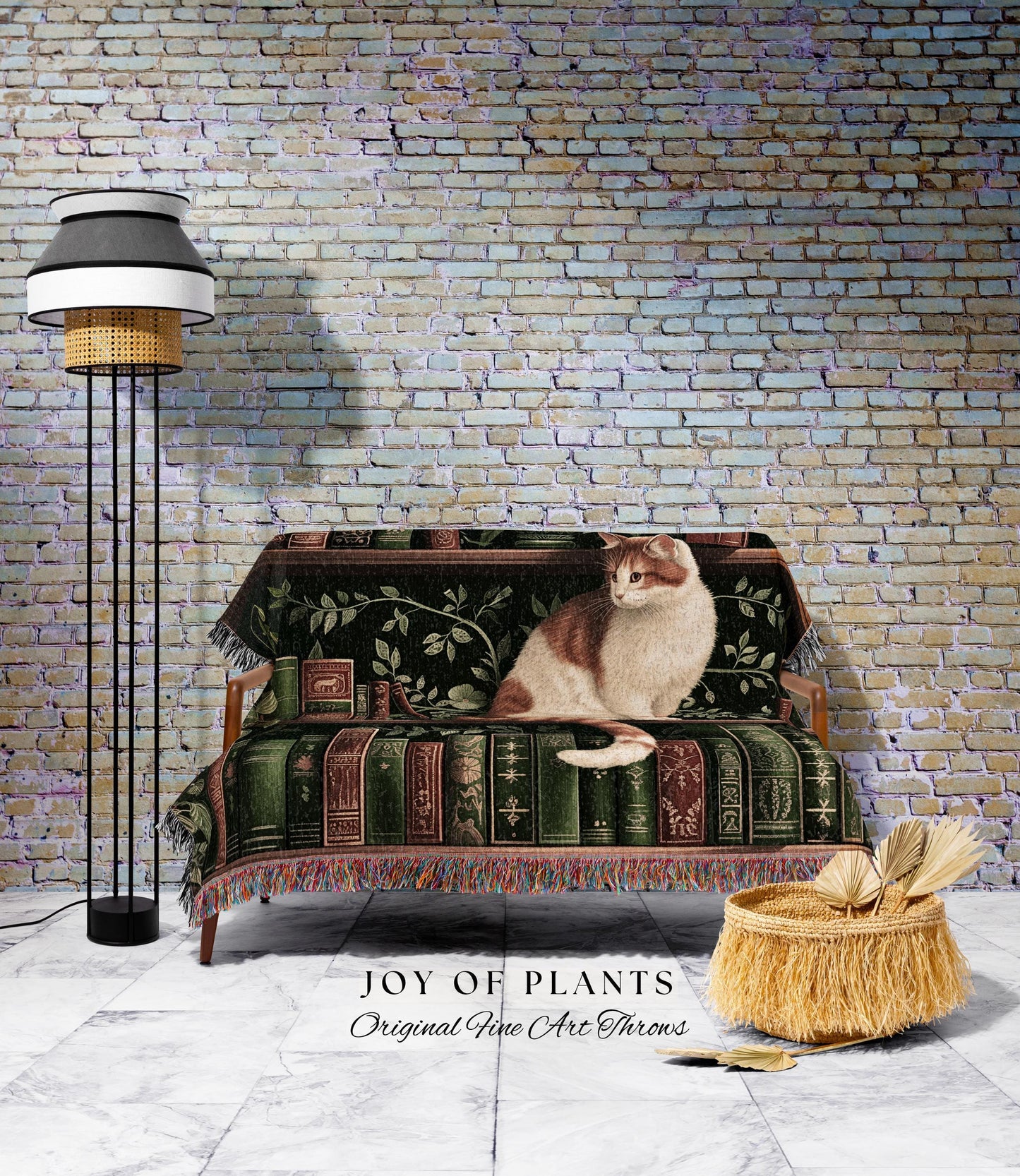 Victorian Gothic Cozy Cat Bookshelf Blanket | Fairycore Ethereal Bedroom Decor Reading Gift Dark Academia Woven Tapestry Wall Art Botanical