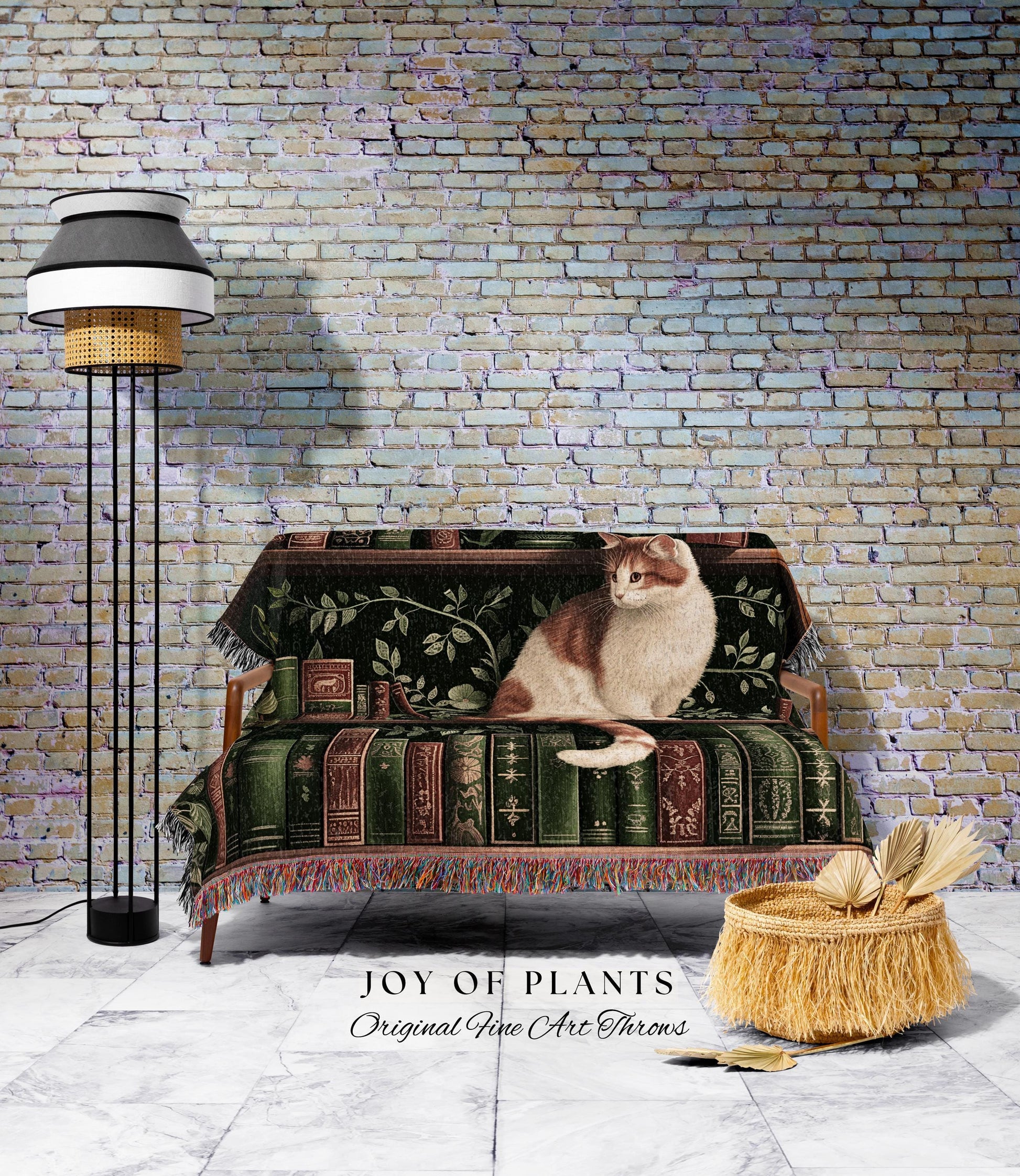 Victorian Gothic Cozy Cat Bookshelf Blanket | Fairycore Ethereal Bedroom Decor Reading Gift Dark Academia Woven Tapestry Wall Art Botanical