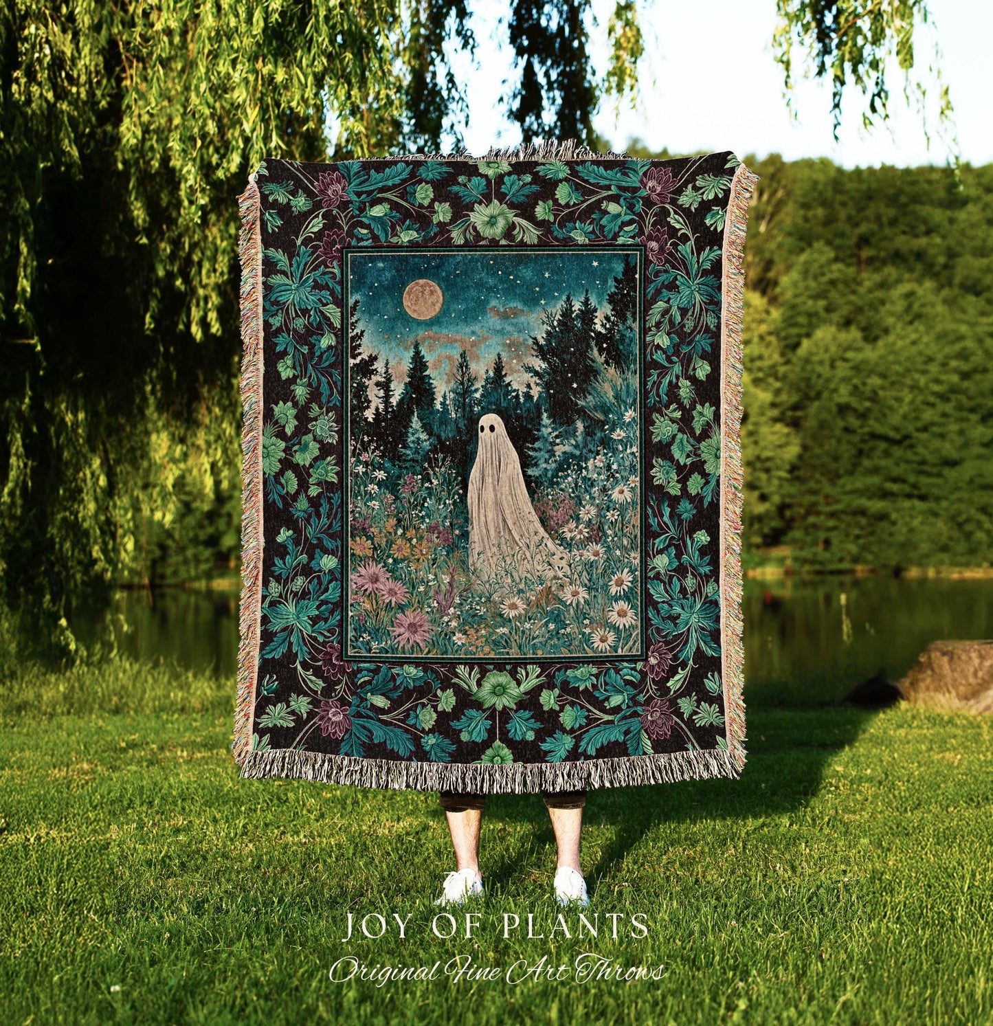 Ghostly Enchantment Wildflower Ghost Blanket | Harvest Moon Celestial Magic Gothic Tapestry Whimsical Cozy Home Decor Botanical Throw Witchy