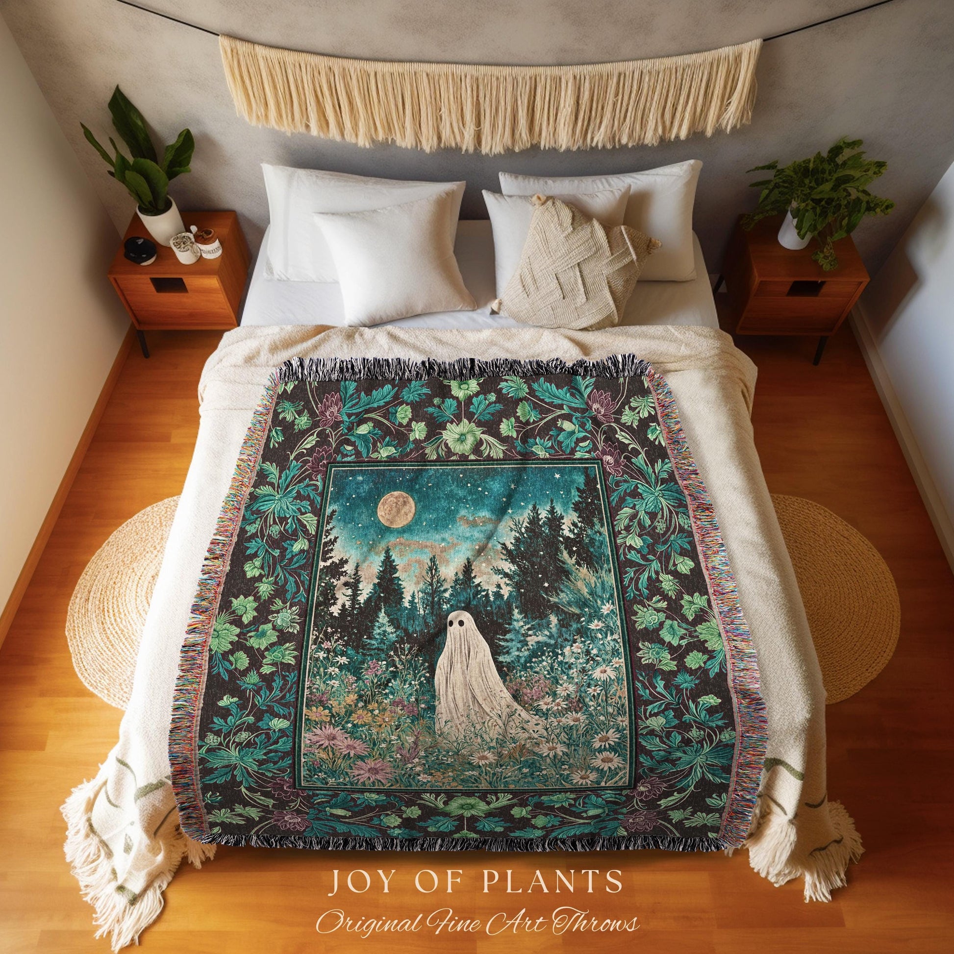 Ghostly Enchantment Wildflower Ghost Blanket | Harvest Moon Celestial Magic Gothic Tapestry Whimsical Cozy Home Decor Botanical Throw Witchy