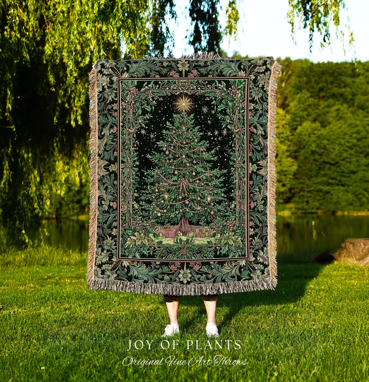 Tannenbaum Rustic Tree Throw Blanket | Vintage Woven Christmas Tapestry Cozy Cottagecore Decor Winter Festive Classic Holiday Aesthetic |