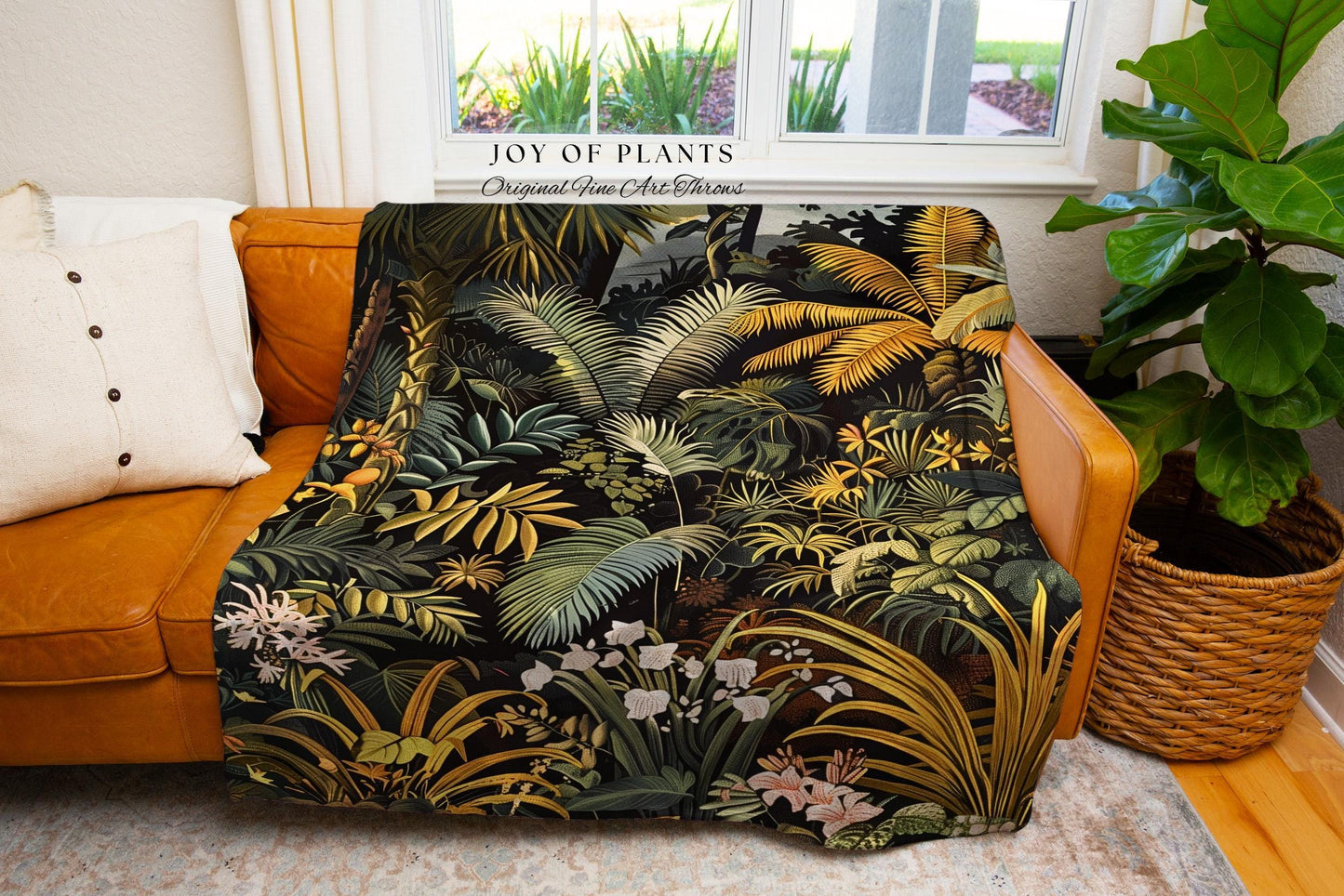 Earthy Colors Tropical Leaves Throw Blanket | Jungle Theme Bedroom Decor Whimsical Botanical Living Room Forest House Plant Tapestry Woven