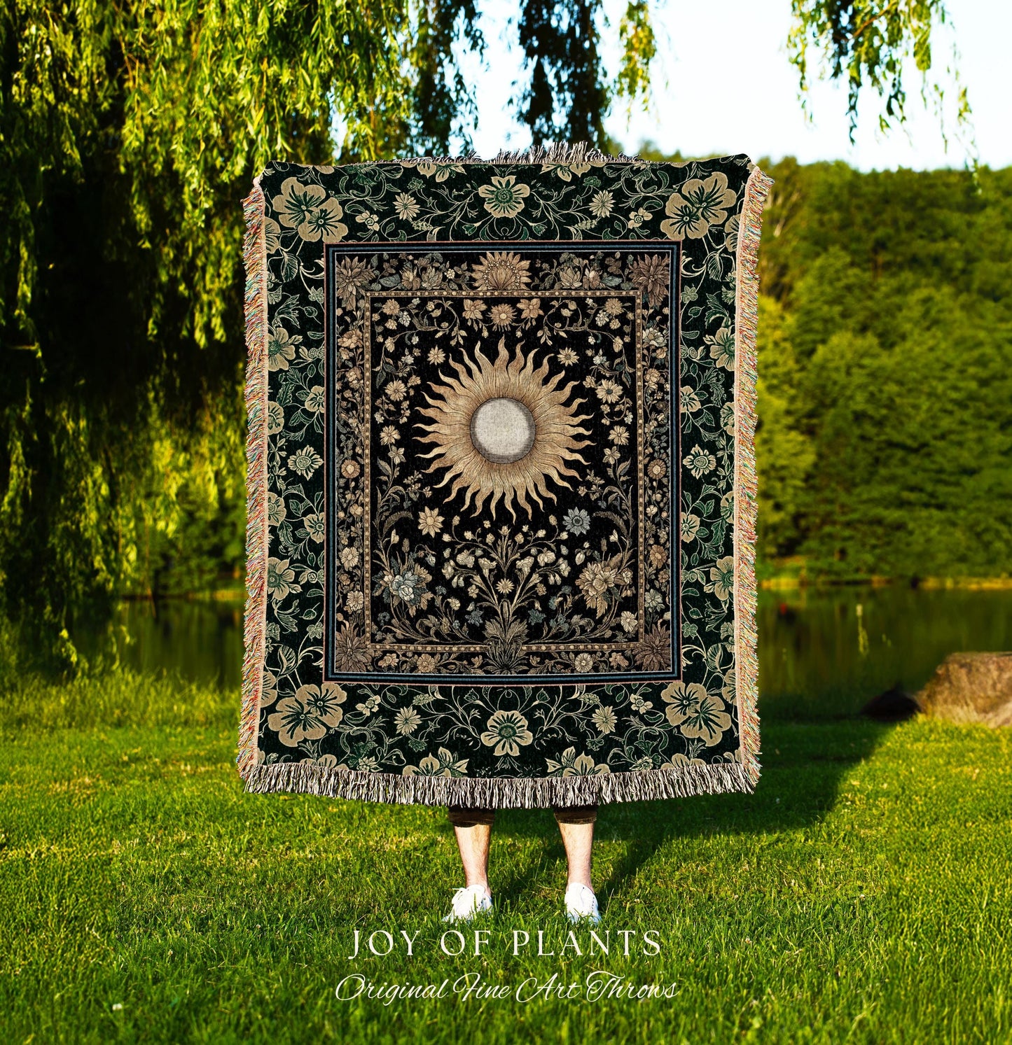 Boho Tarot Sun Coverlet Woven | Zodiac Inspired Mystical Throw Blanket Floral Whimsical Ethereal Moon and Stars Astrology Tapestry Witchy |