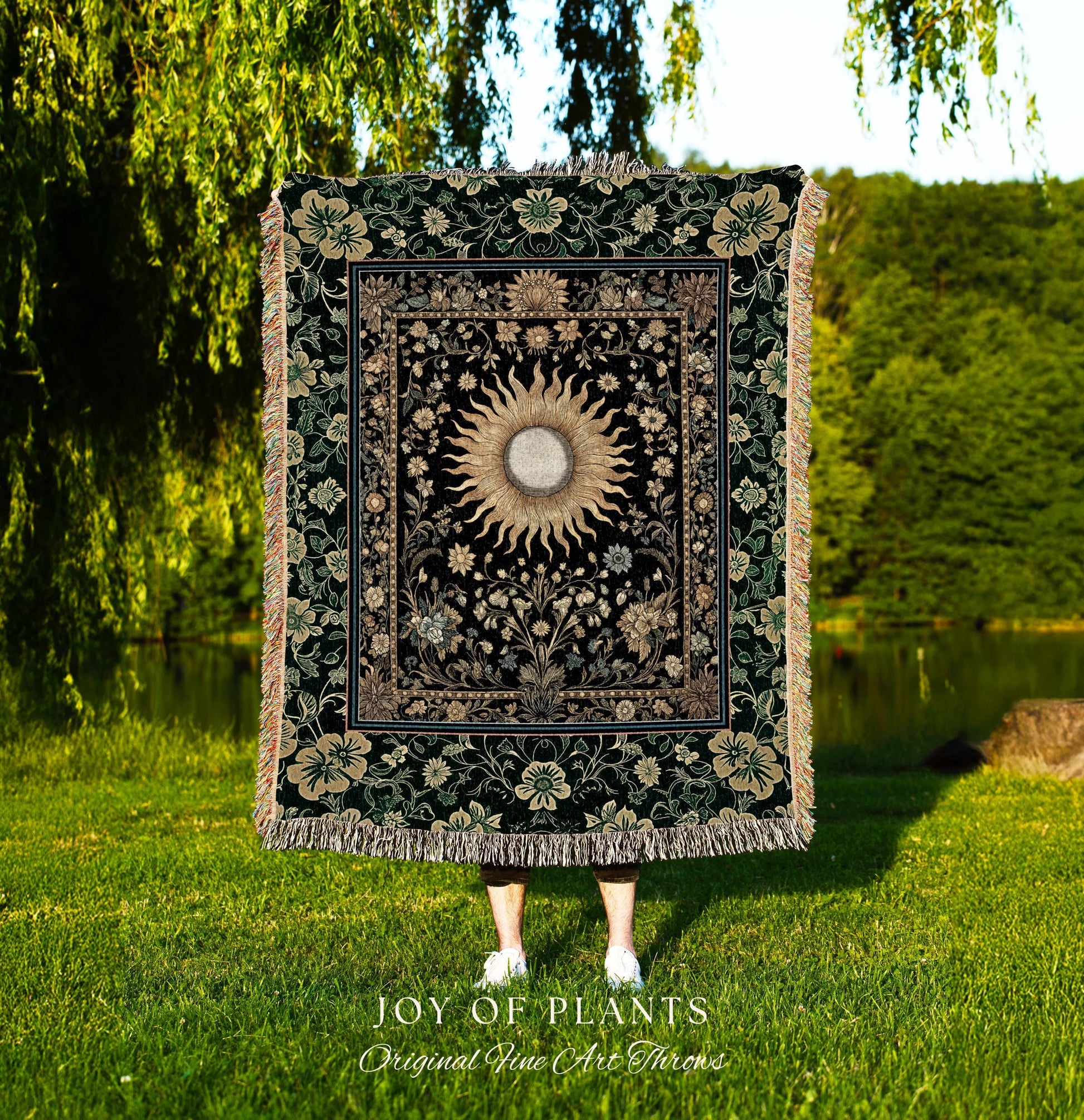 Boho Tarot Sun Coverlet Woven | Zodiac Inspired Mystical Throw Blanket Floral Whimsical Ethereal Moon and Stars Astrology Tapestry Witchy |