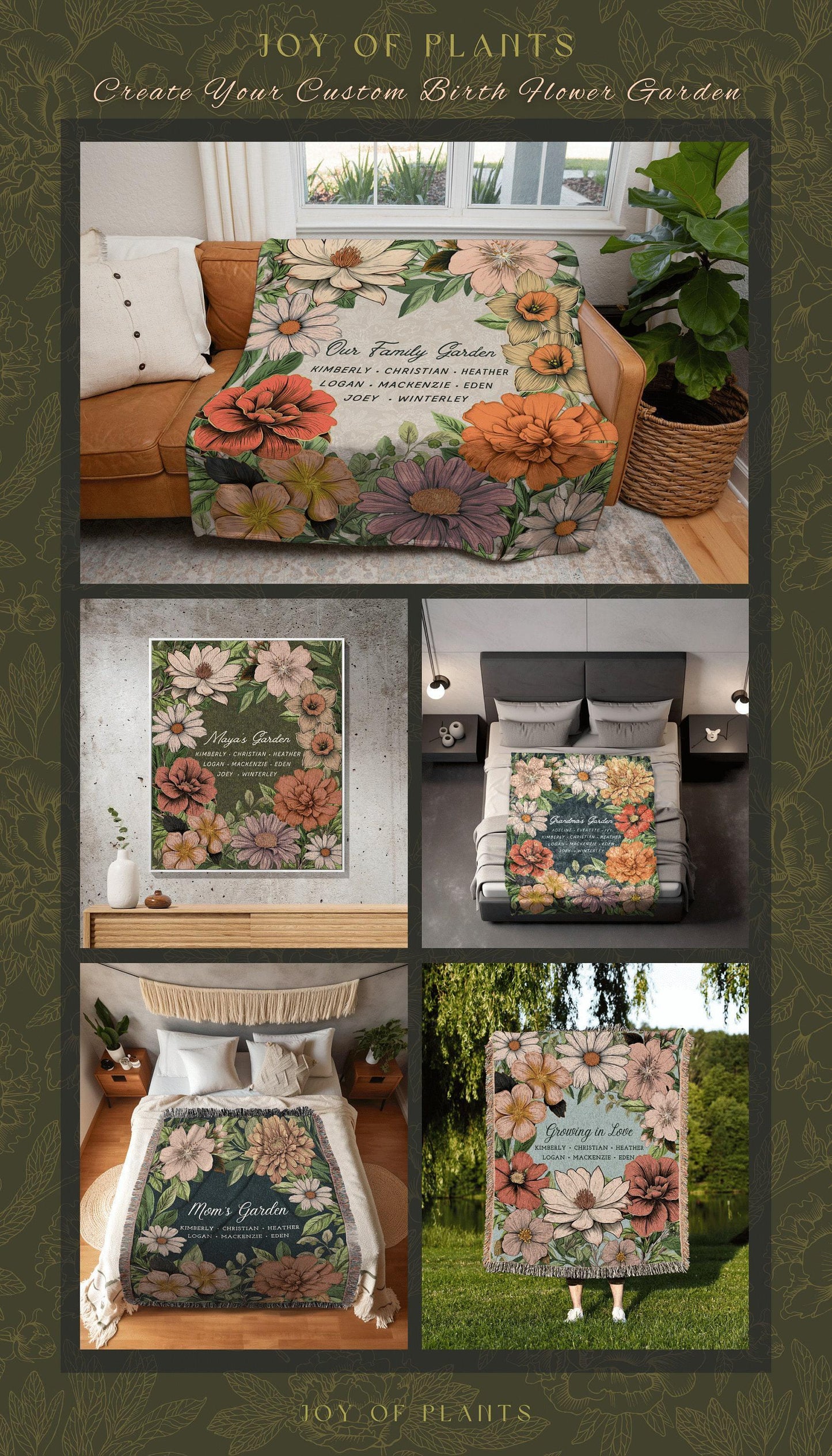 Grandma's Garden Birth Flower Blanket | Gift for Grandparents Custom Family Name Blanket Personalized Birth Month Flower Throw Blanket Woven