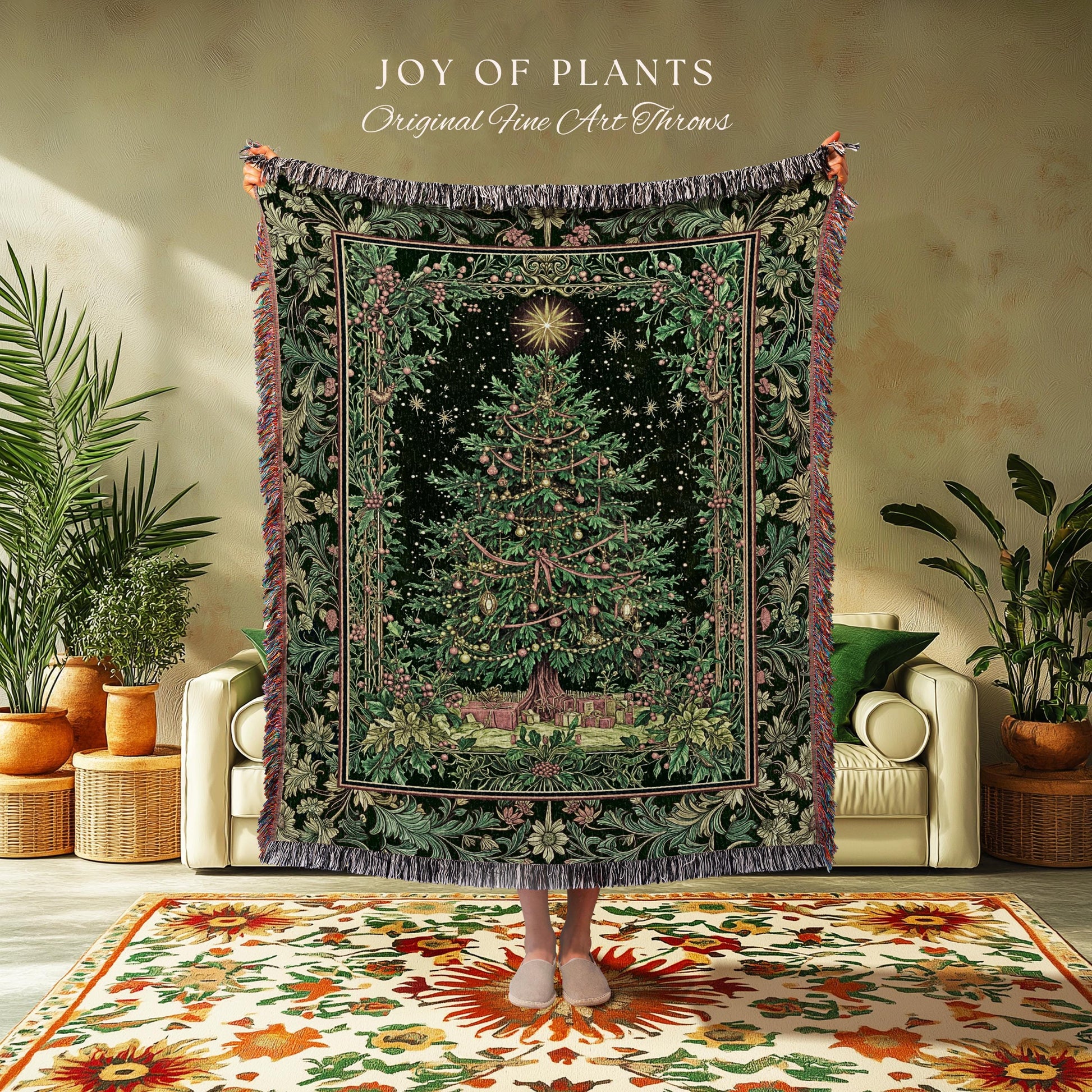 Tannenbaum Rustic Tree Throw Blanket | Vintage Woven Christmas Tapestry Cozy Cottagecore Decor Winter Festive Classic Holiday Aesthetic |