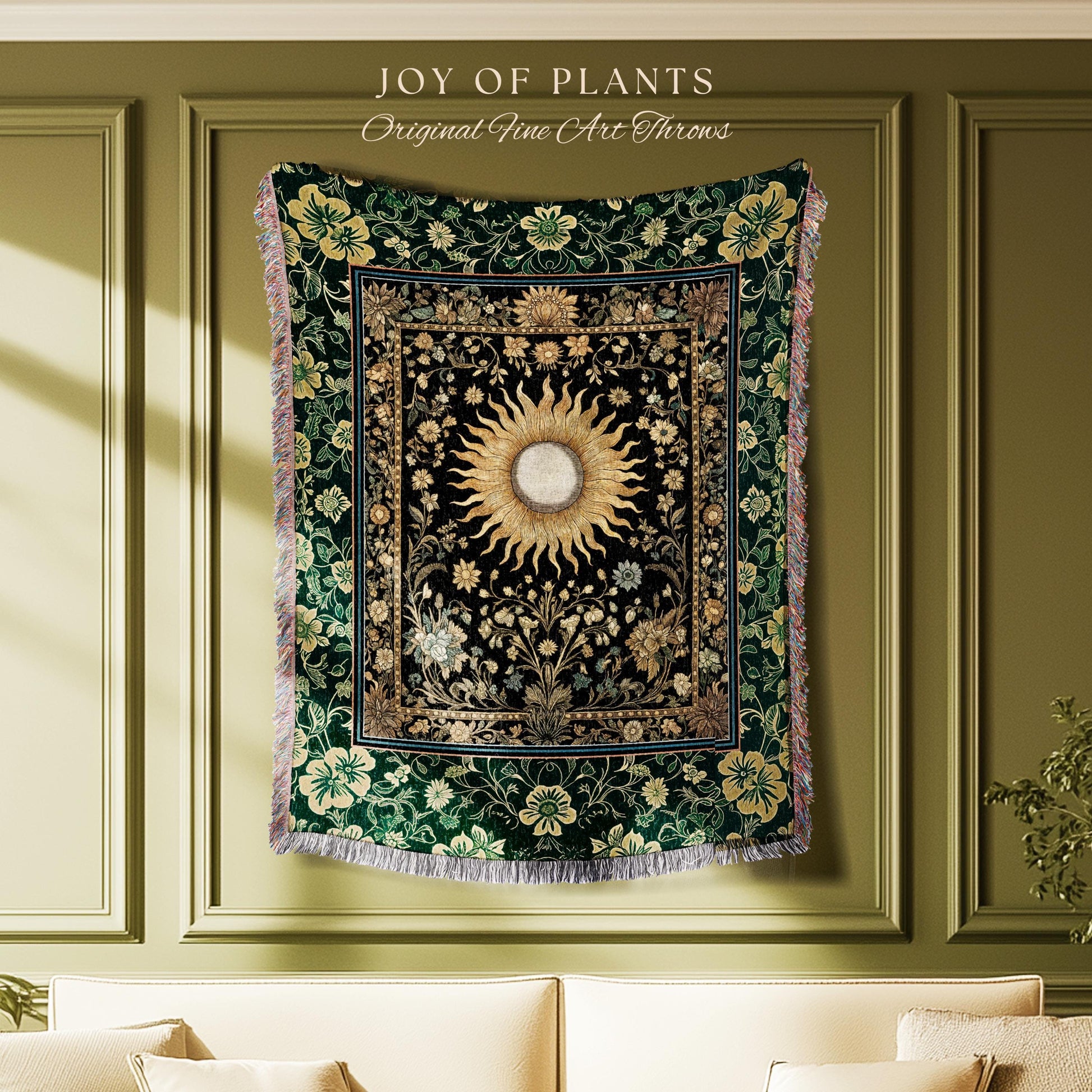 Boho Tarot Sun Coverlet Woven | Zodiac Inspired Mystical Throw Blanket Floral Whimsical Ethereal Moon and Stars Astrology Tapestry Witchy |