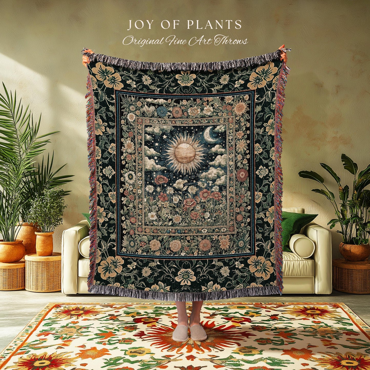 Dreamy Aesthetic Maximalist Tapestry | Sun and Moon Bohemian Sunshine Tapestry Astrology Throw Psychedelic Celestial Cozy Throw Blanket |