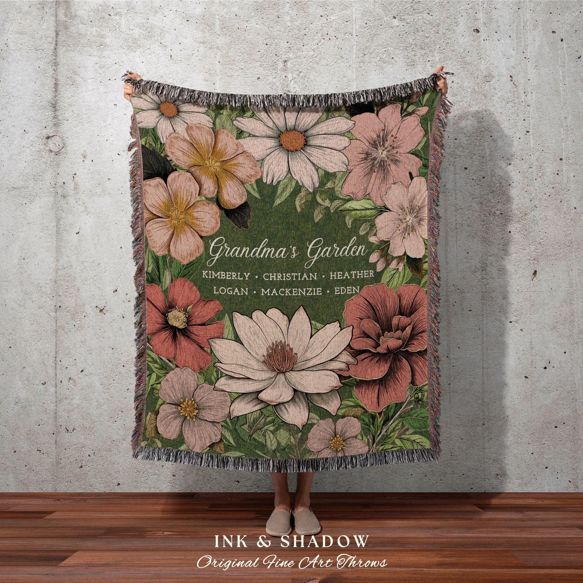 Grandma's Garden Birth Flower Blanket | Gift for Grandparents Custom Family Name Blanket Personalized Birth Month Flower Throw Blanket Woven