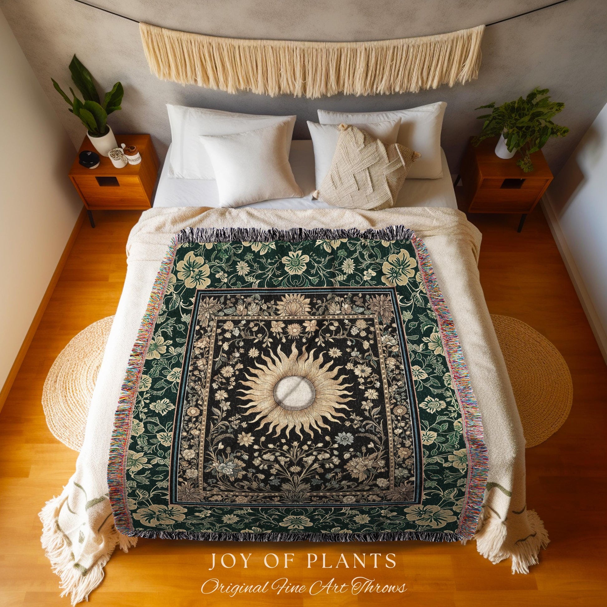 Boho Tarot Sun Coverlet Woven | Zodiac Inspired Mystical Throw Blanket Floral Whimsical Ethereal Moon and Stars Astrology Tapestry Witchy |