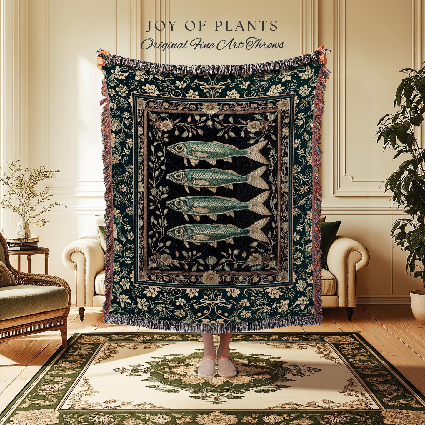 Costal Theme Eclectic Sardine Throw Blanket | Beachy Home Accent Ocean Inspired Costal Aesthetic Woven Wall Tapestry Sea Lover Wall Decor |