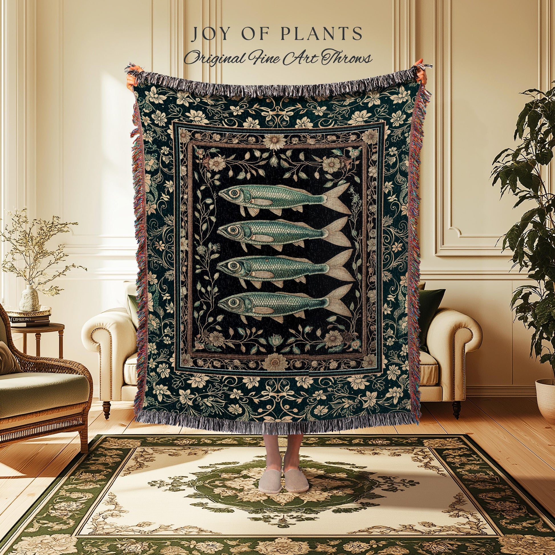 Costal Theme Eclectic Sardine Throw Blanket | Beachy Home Accent Ocean Inspired Costal Aesthetic Woven Wall Tapestry Sea Lover Wall Decor |