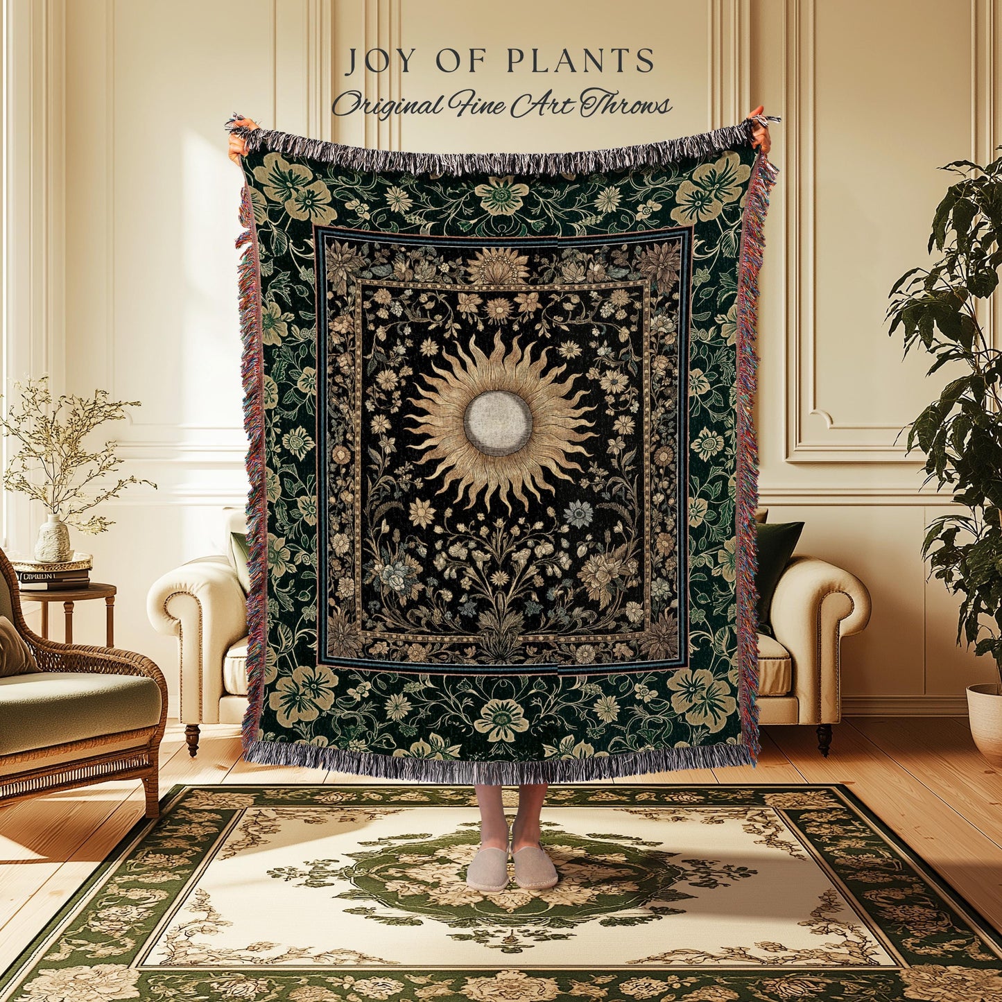 Boho Tarot Sun Coverlet Woven | Zodiac Inspired Mystical Throw Blanket Floral Whimsical Ethereal Moon and Stars Astrology Tapestry Witchy |