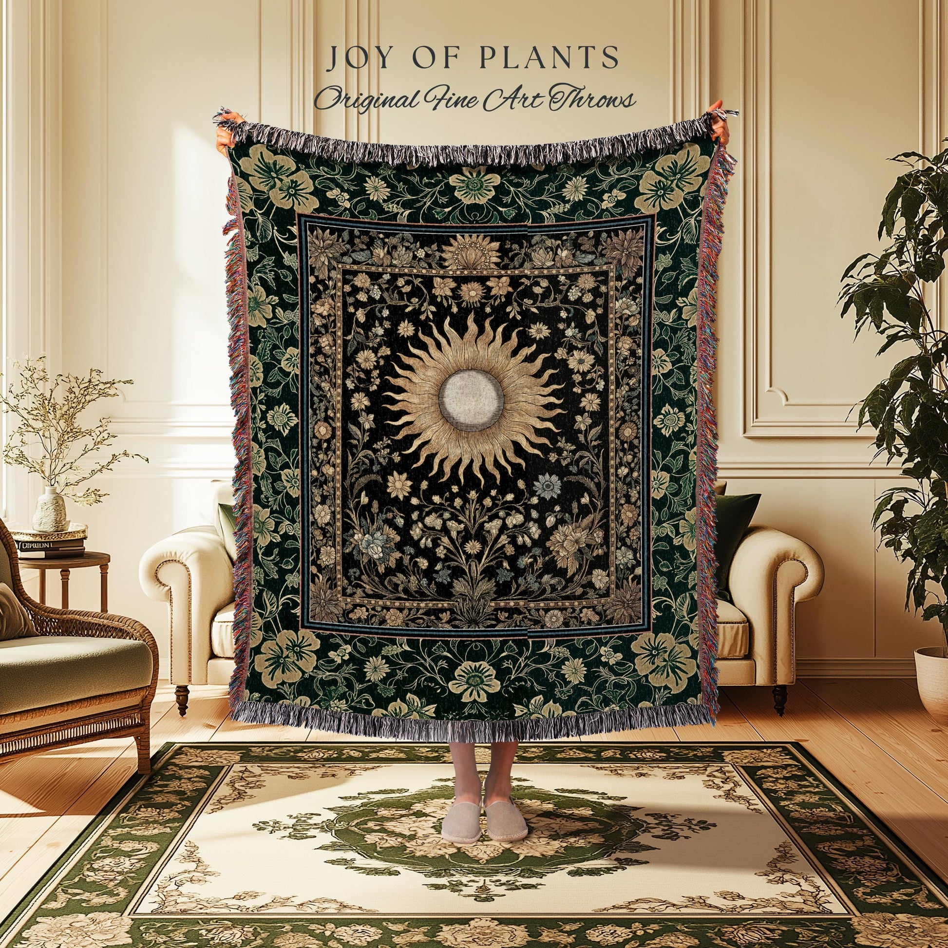 Boho Tarot Sun Coverlet Woven | Zodiac Inspired Mystical Throw Blanket Floral Whimsical Ethereal Moon and Stars Astrology Tapestry Witchy |