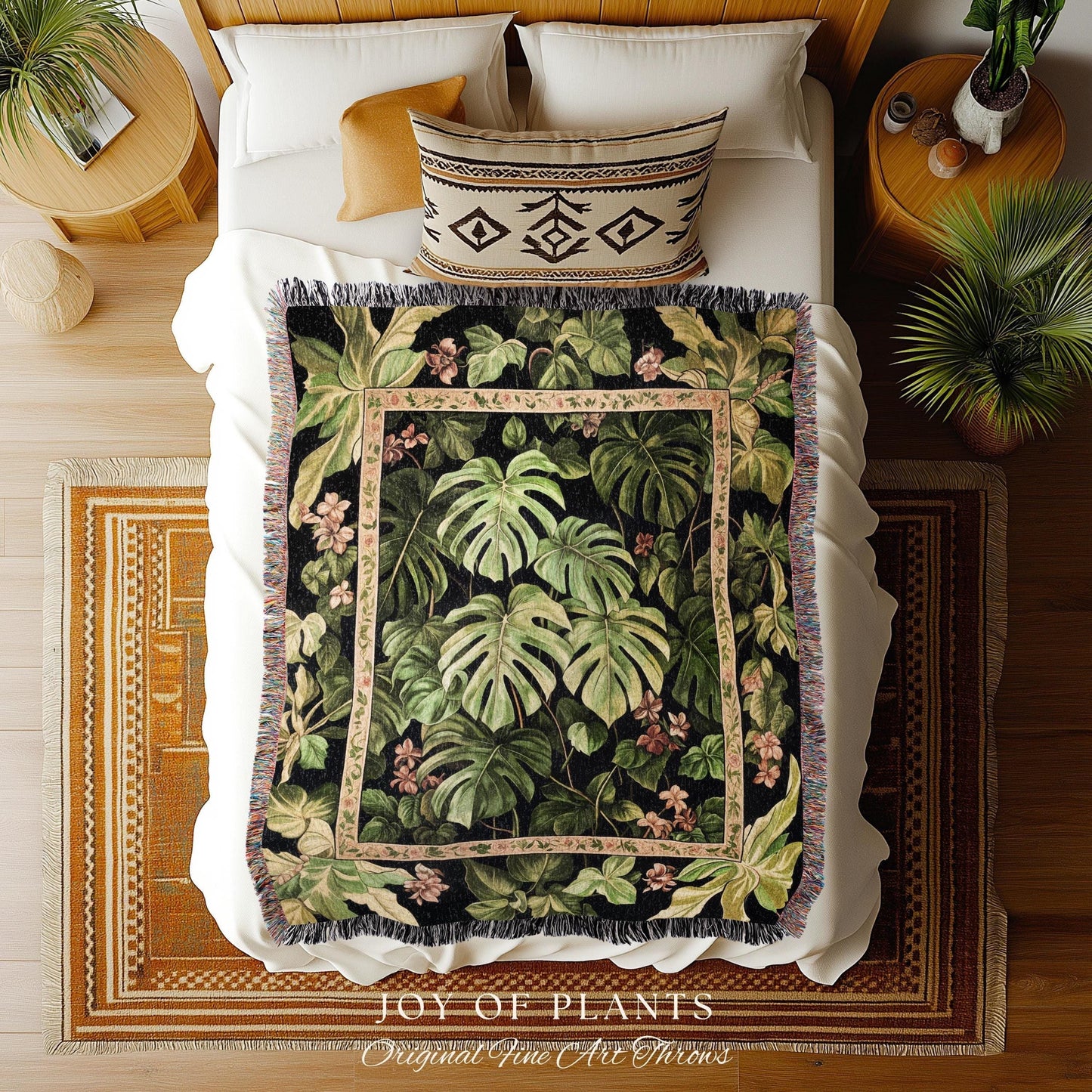 Ethereal Monstera Woodland Botanical Blanket | Tropical Aesthetic Dark Floral Houseplant Lover Whimsical Home Decor Tapestry Woven Throw |