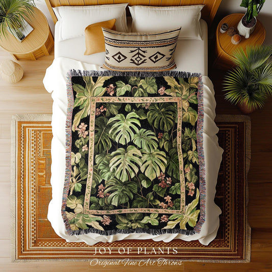 Ethereal Monstera Woodland Botanical Blanket | Tropical Aesthetic Dark Floral Houseplant Lover Whimsical Home Decor Tapestry Woven Throw |