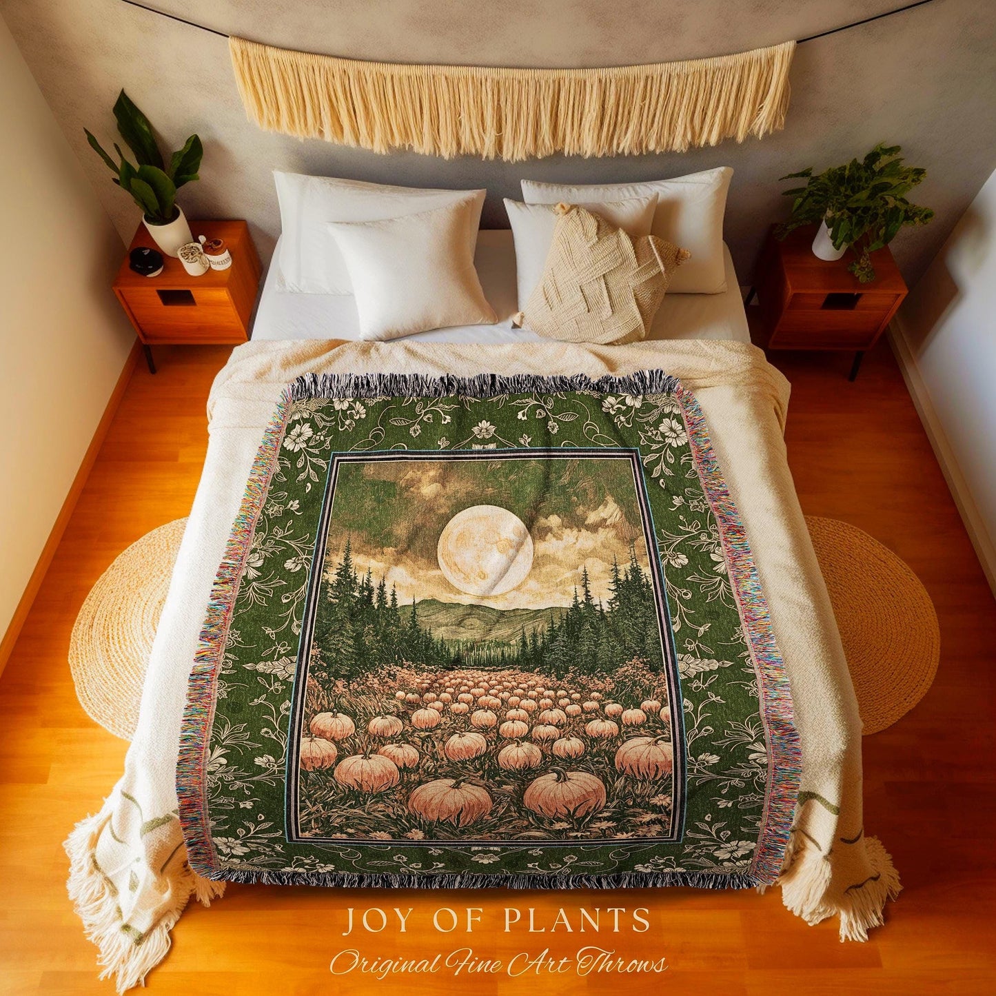 Sage Green Full Moon Throw Blanket | Rustic Pumpkin Woven Tapestry Whimsigothic Aesthetic Rustic Fall Accent Halloween Trees Light Academia